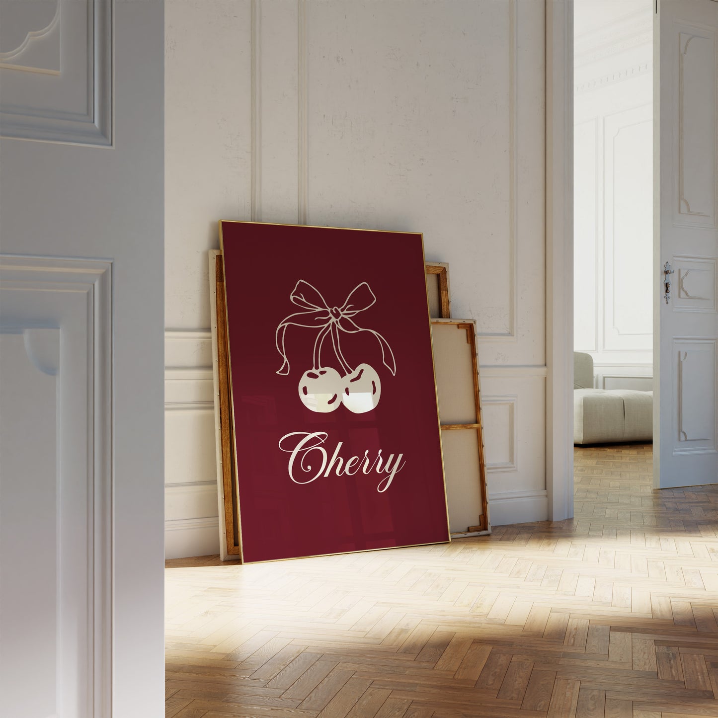 Burgundy cherry illustration with a delicate bow, designed as a digital wall print for instant download.
