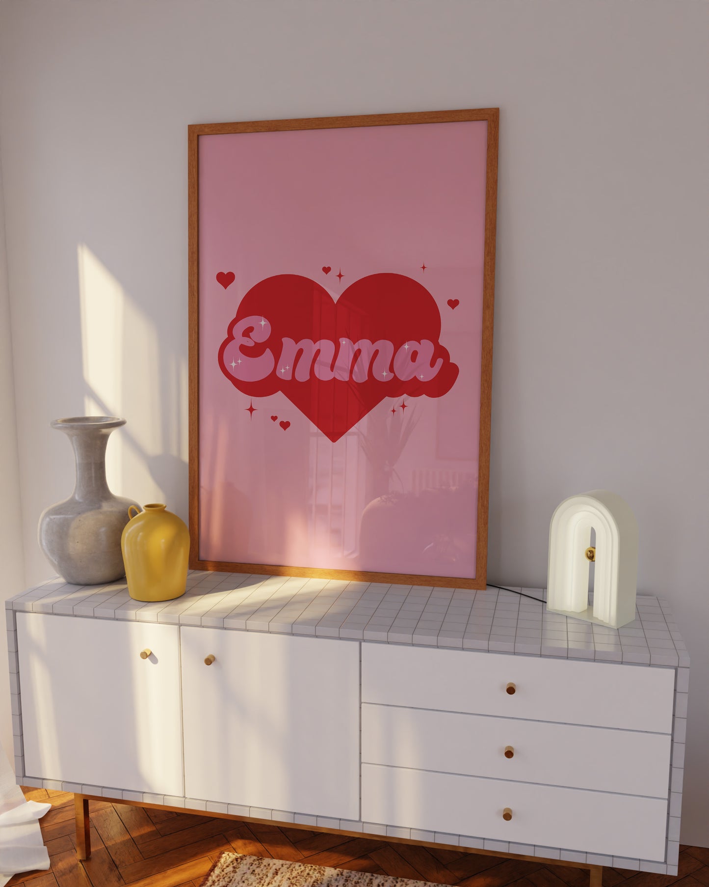 Personalised Retro Heart Name Pink And Red Wall Art