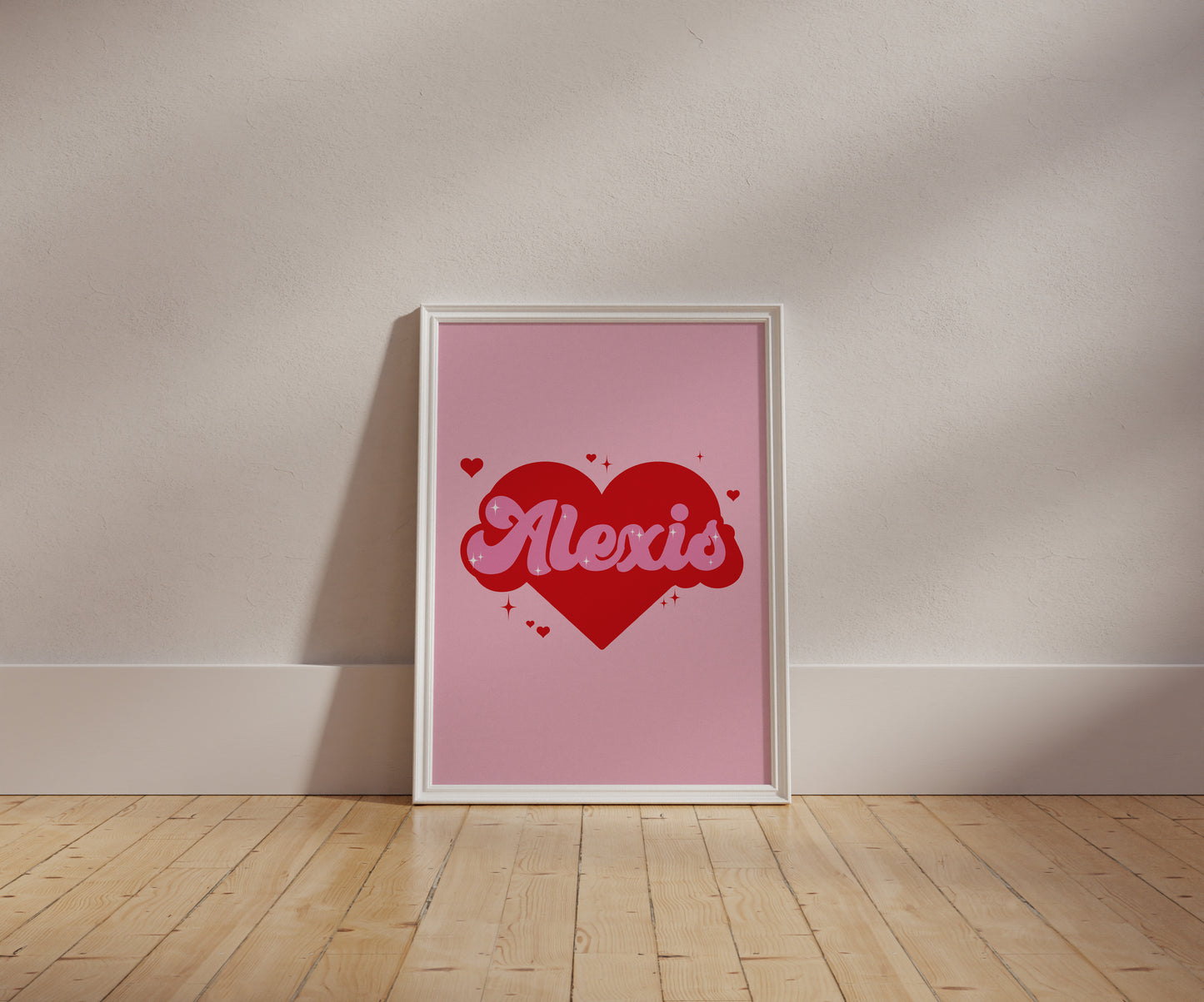Personalised Retro Heart Name Pink And Red Wall Art
