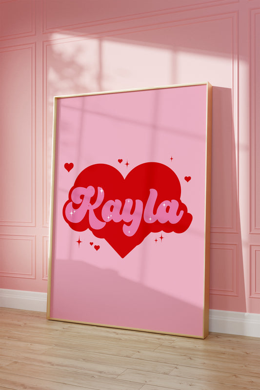Personalised Retro Heart Name Pink And Red Wall Art