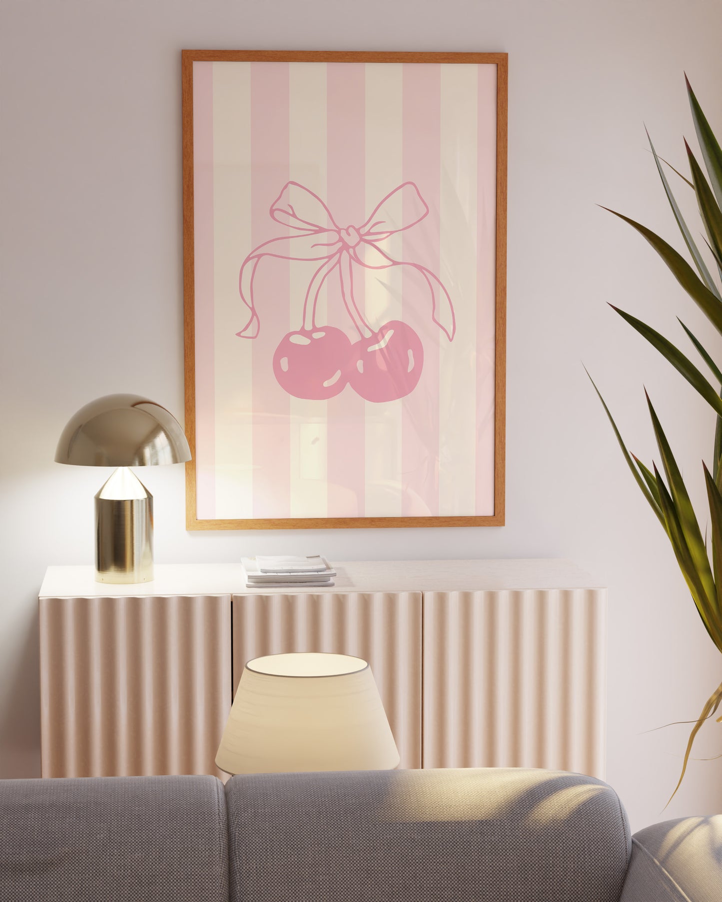 Cute pink cherry illustration for kawaii bedroom or playroom.