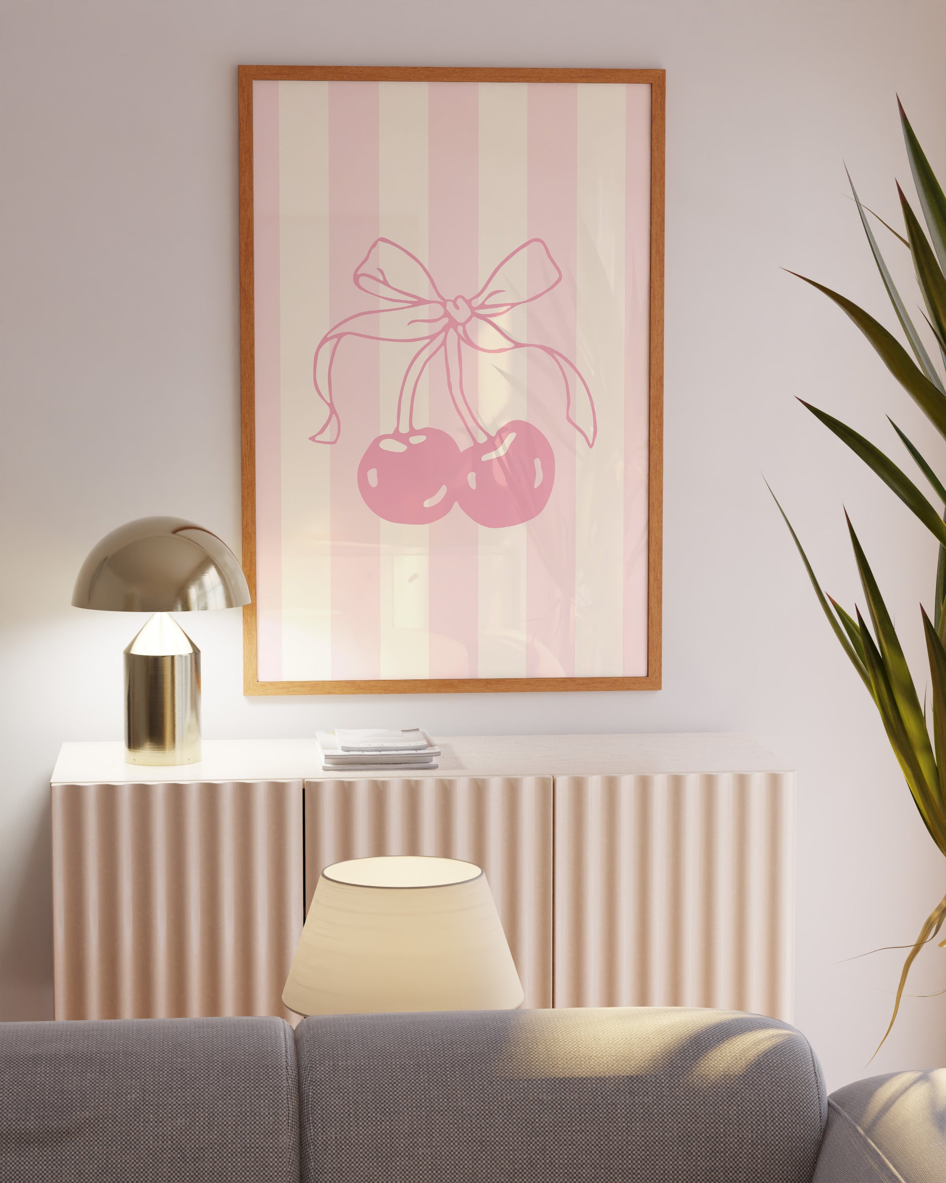 Cute pink cherry illustration for kawaii bedroom or playroom.