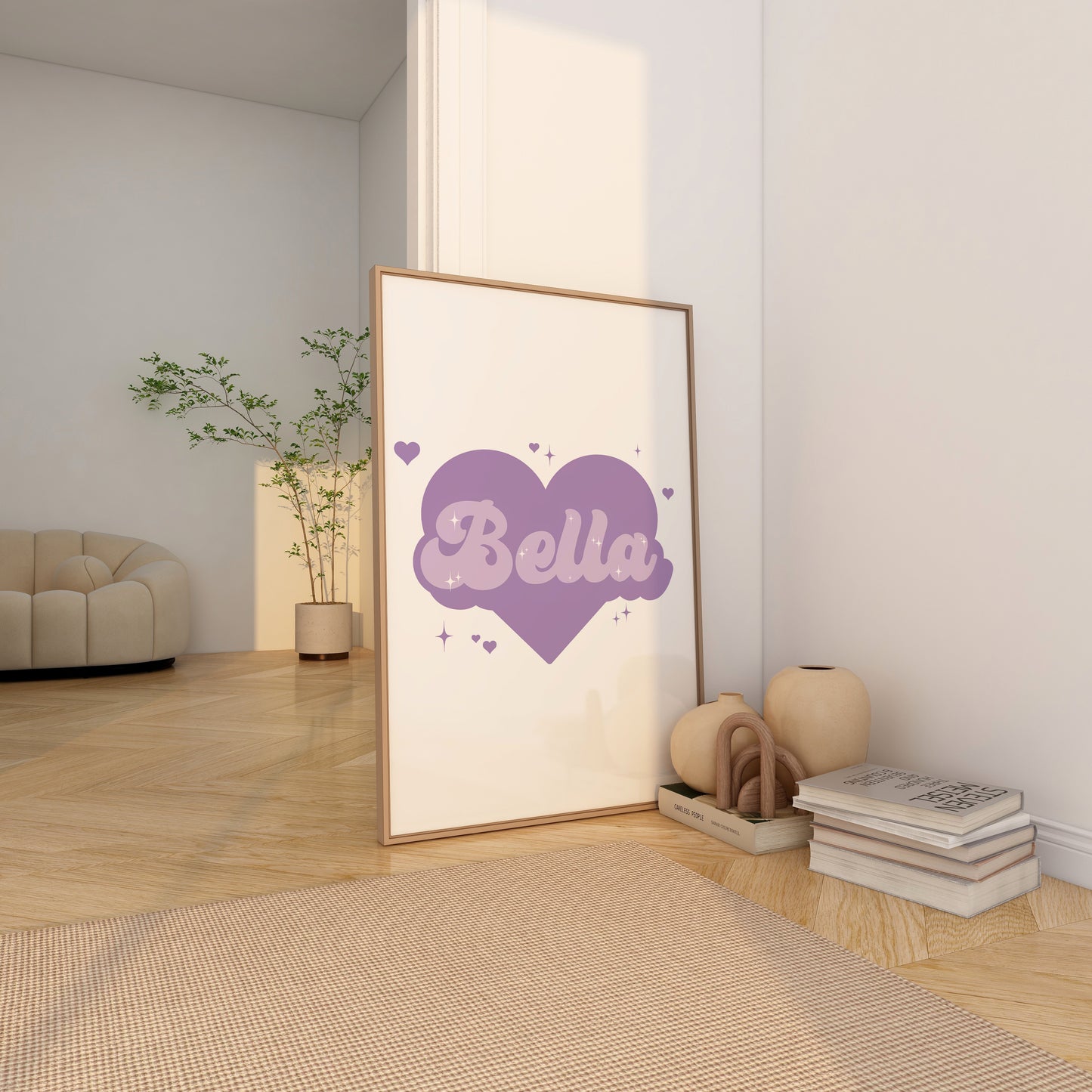 Cute purple-themed name print with heart design - great for girl's room decor.