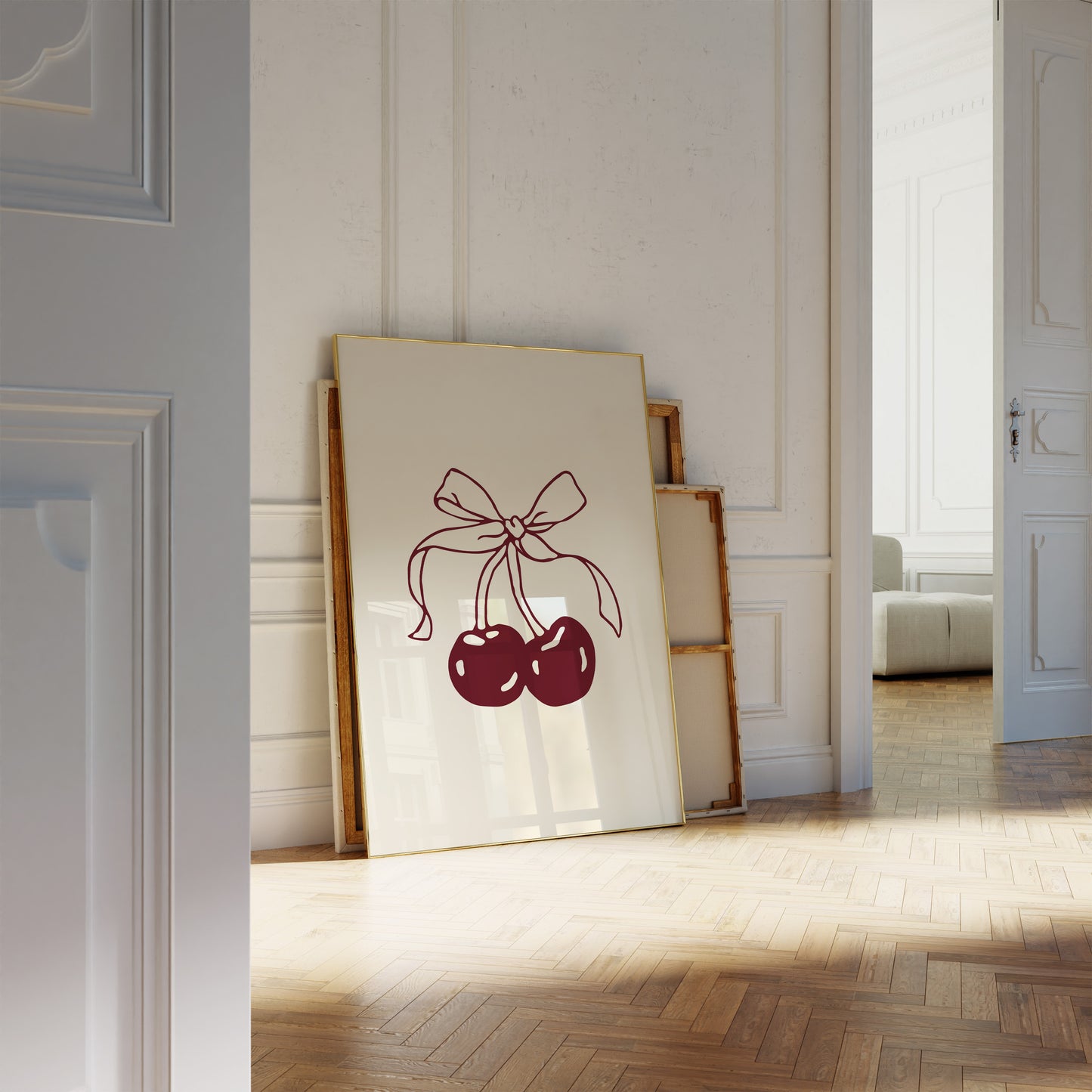Burgundy cherry illustration with a delicate bow, designed as a digital wall print for instant download.