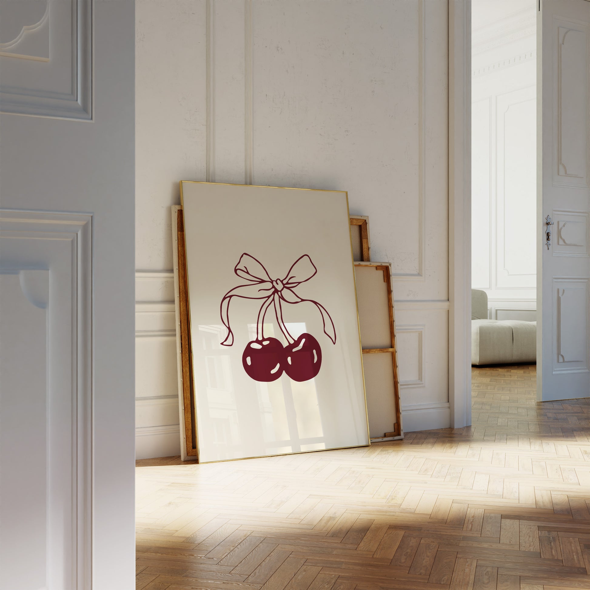Burgundy cherry illustration with a delicate bow, designed as a digital wall print for instant download.
