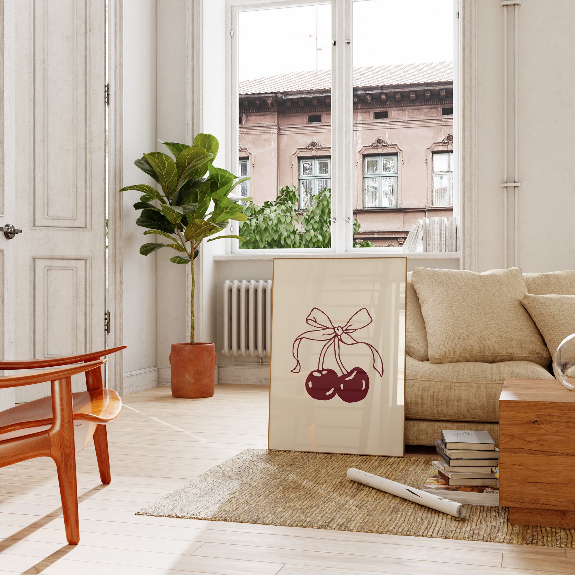 Trendy burgundy cherry printable artwork in a Scandinavian-inspired frame, ideal for bedroom or living room decor.