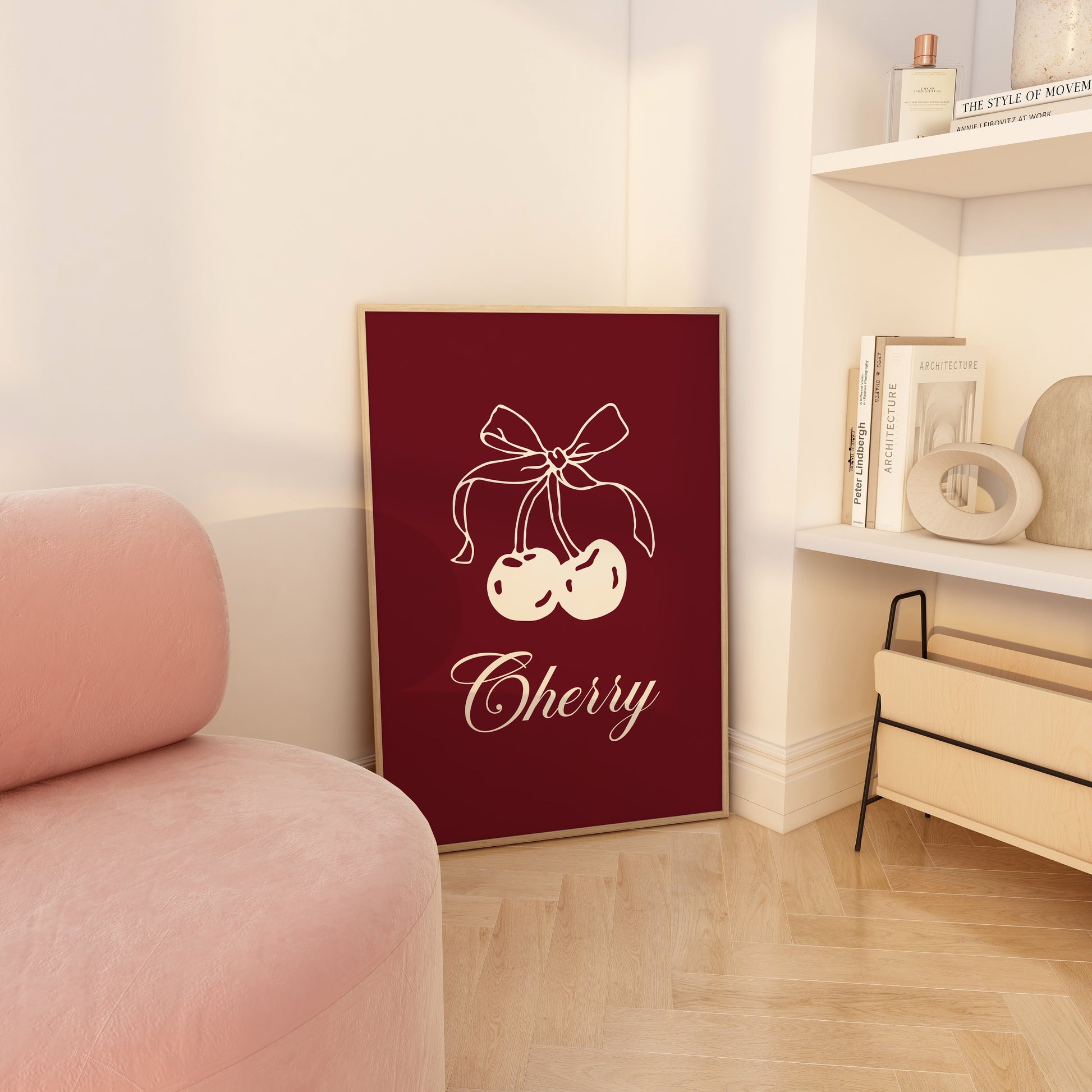 Aesthetic burgundy fruit wall art – a minimalist cherry print for boho and modern interiors.