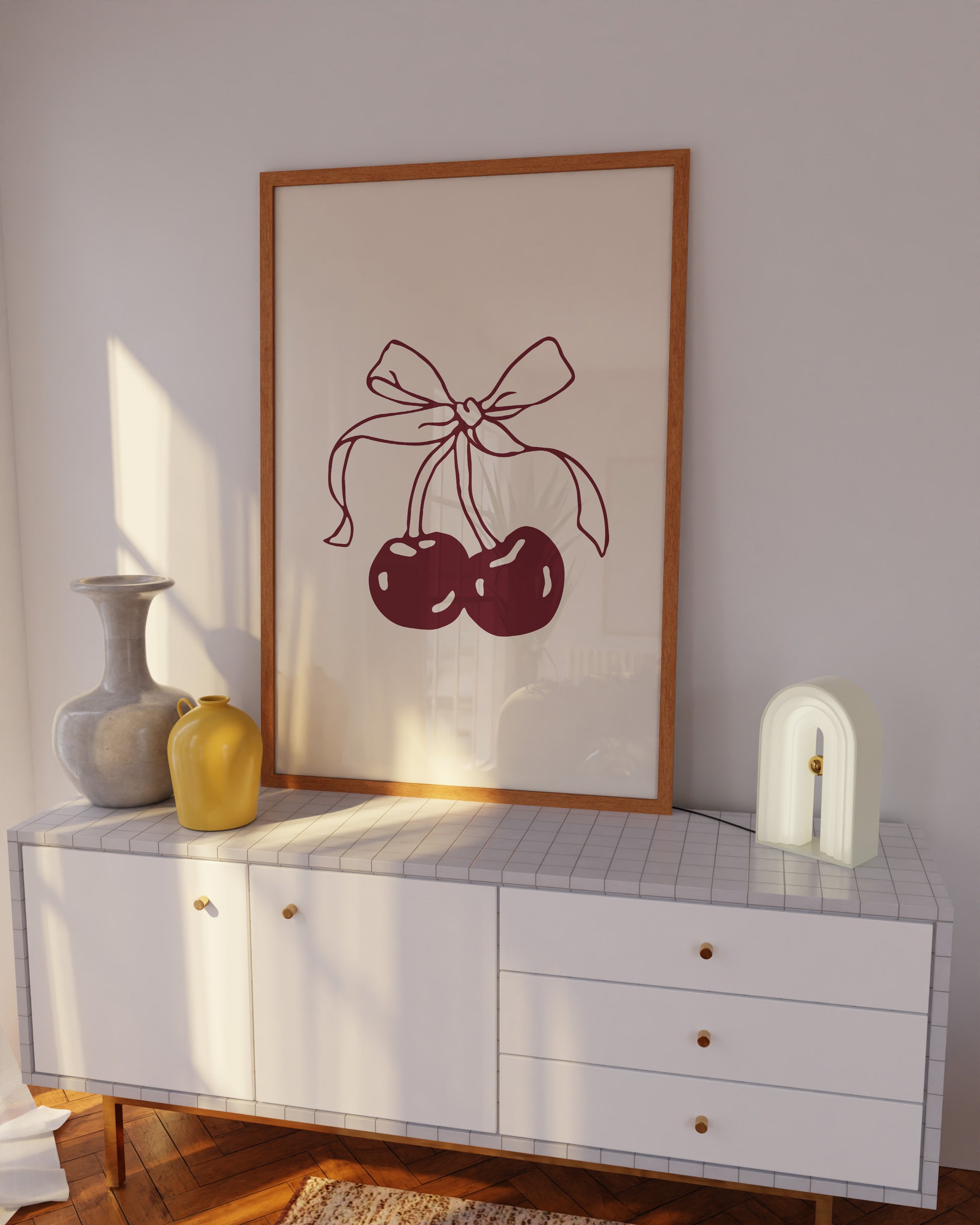 Aesthetic burgundy fruit wall art – a minimalist cherry print for boho and modern interiors.