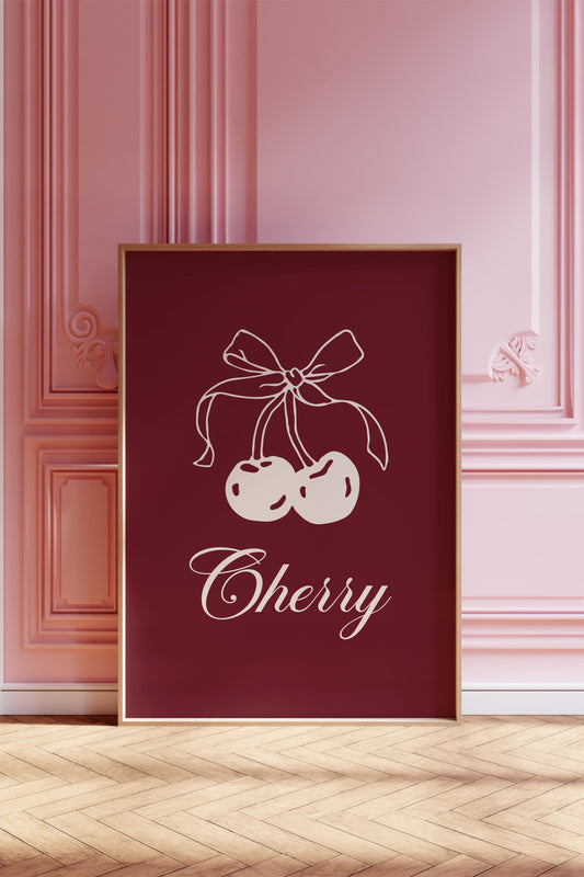 Minimalist burgundy cherry digital wall art with a hand-drawn bow, perfect for modern and aesthetic home decor.