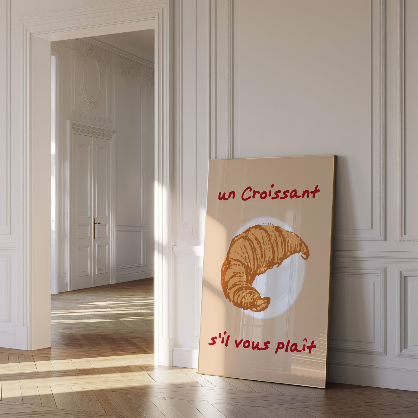 Cozy home decor with French breakfast theme croissant artwork.