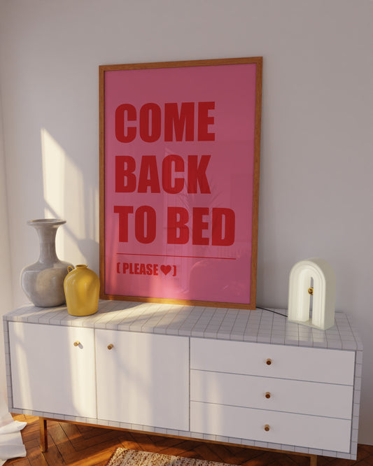 Come Back to Bed pink and red wall art with bold typography for modern bedroom decor.