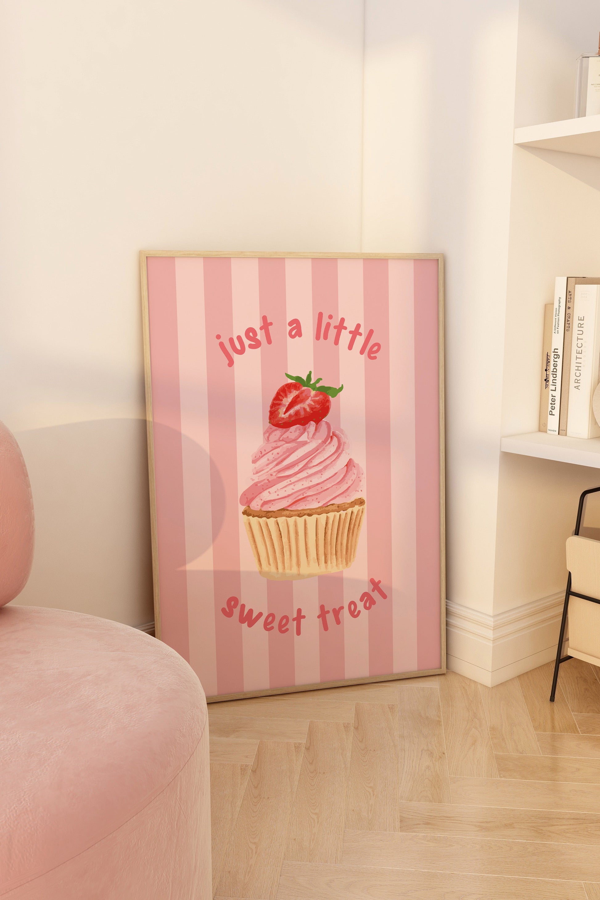 Strawberry cupcake wall art with pink striped background