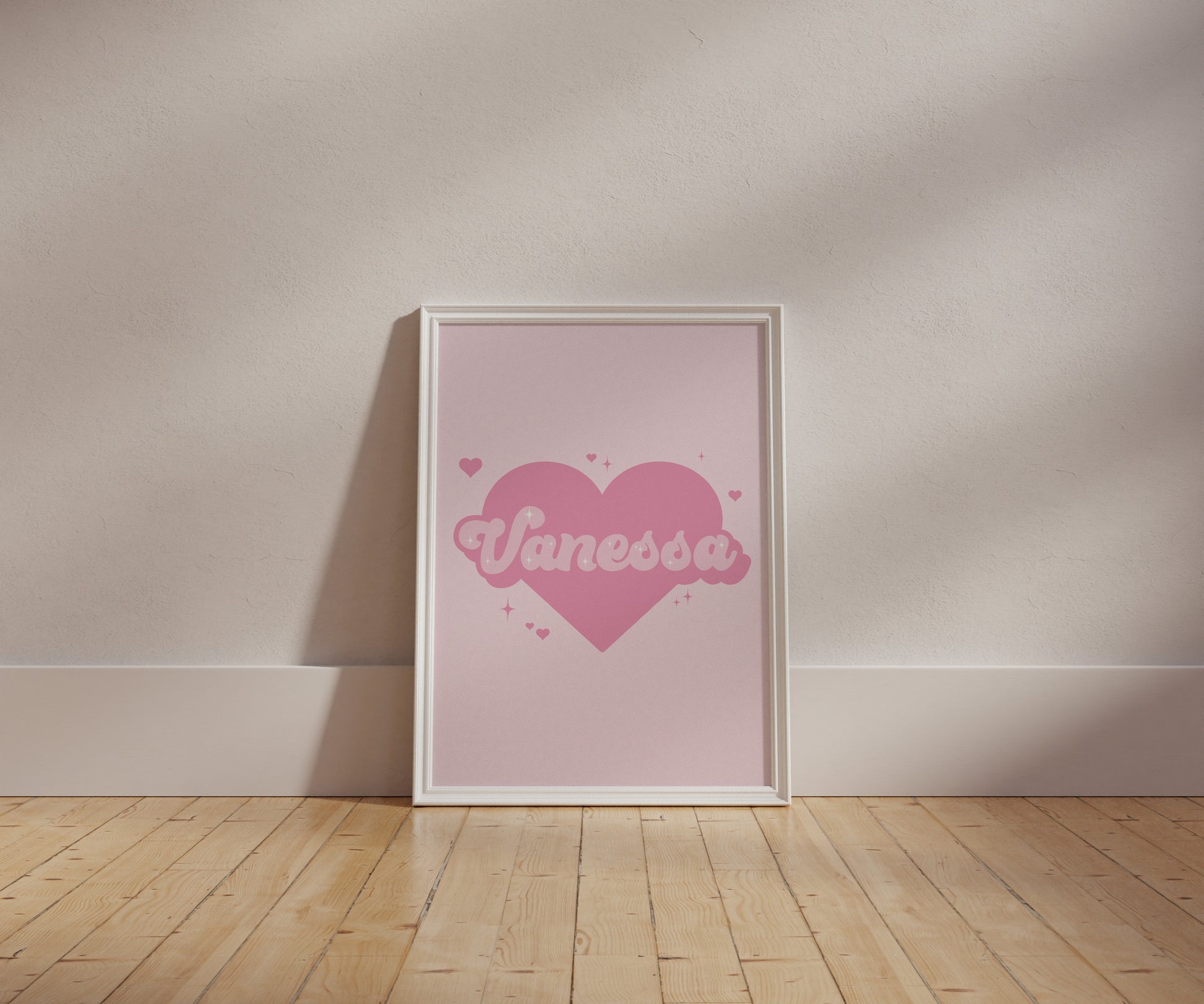 Personalised wall art with pink heart and name - ideal for nursery or birthday gifts.