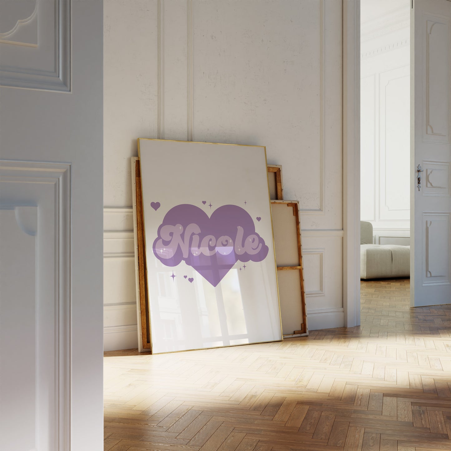 Cute purple-themed name print with heart design - great for girl's room decor.