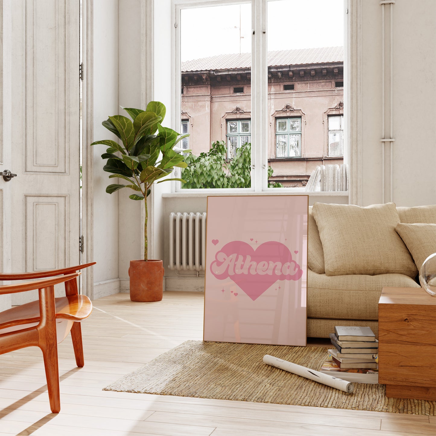 Cute pink-themed name print with heart design - great for girl's room decor.