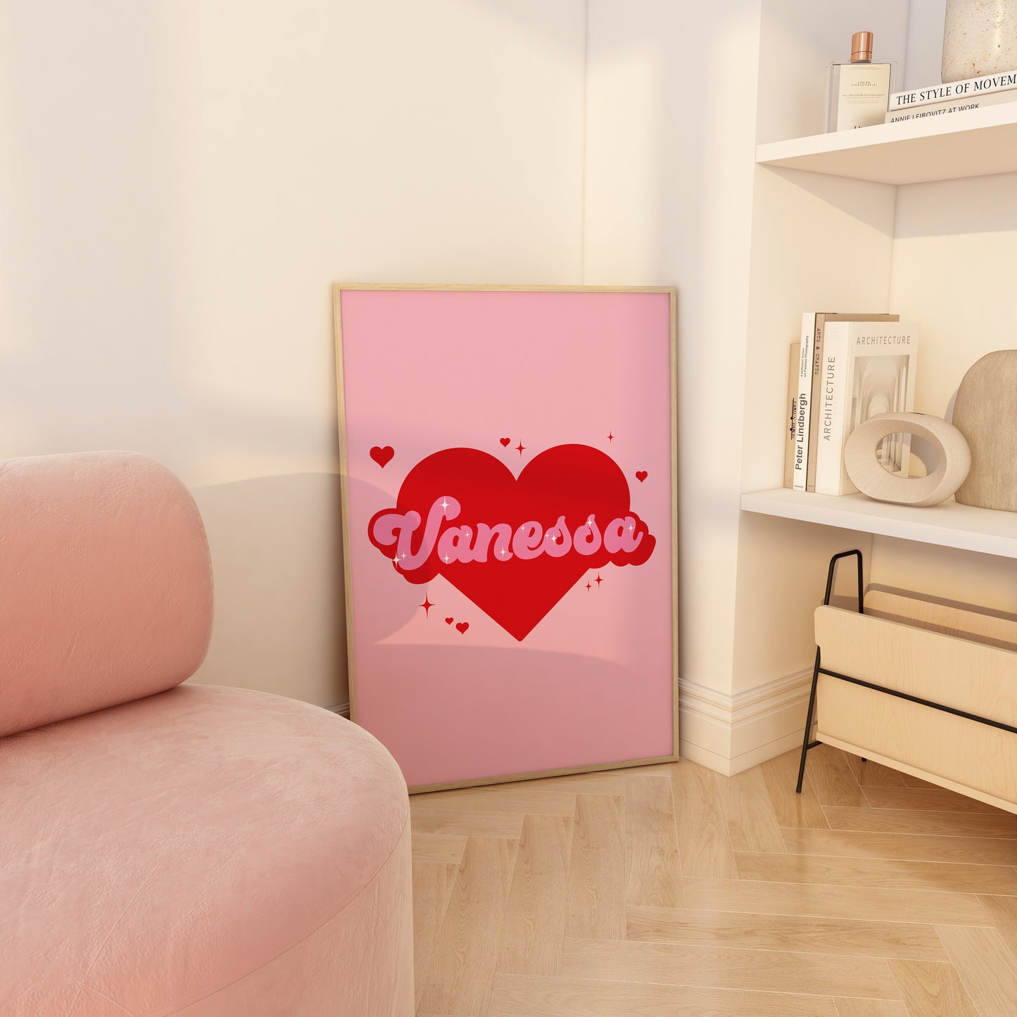 Personalised Retro Heart Name Pink And Red Wall Art