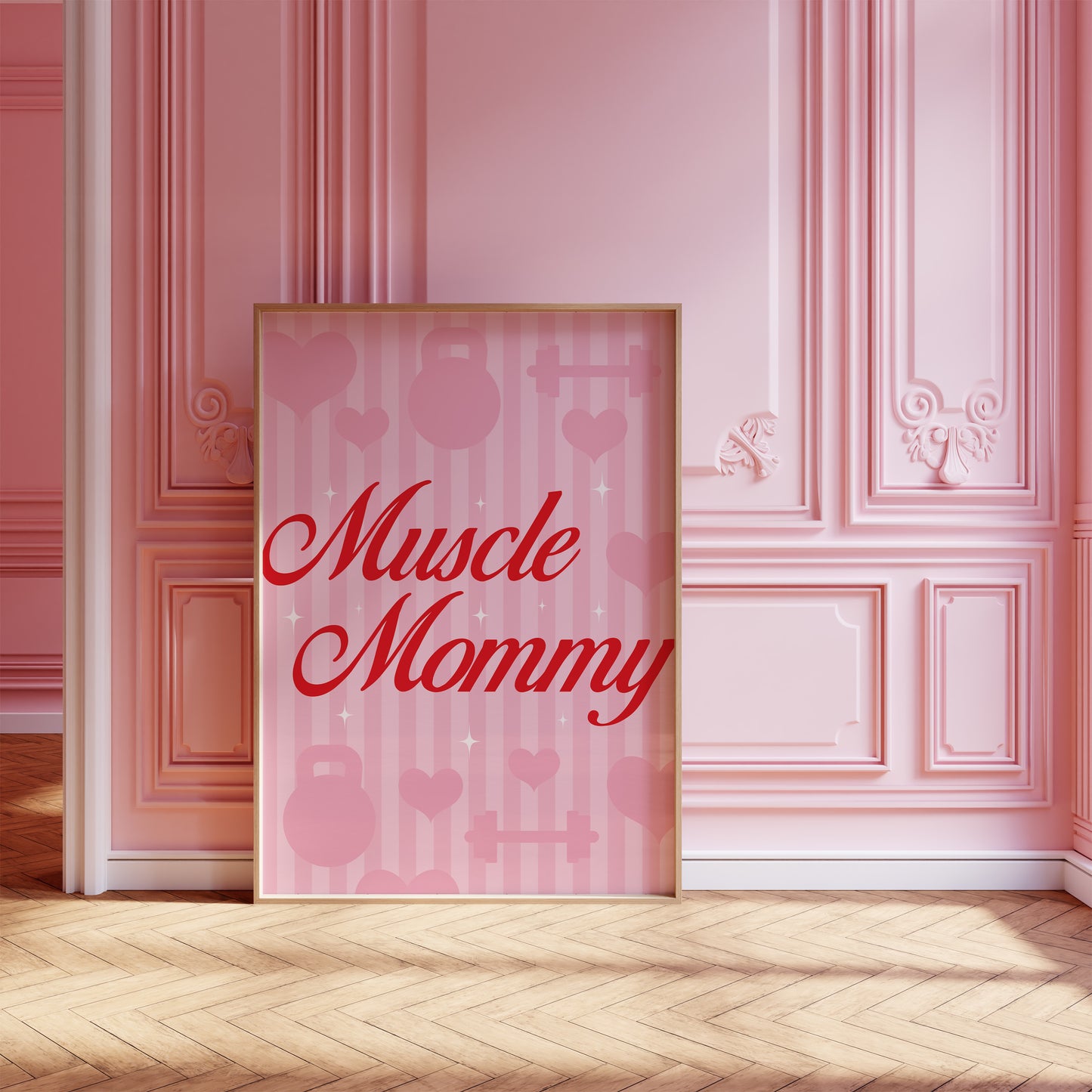Pink Weightlifting Poster with Kettlebells & Barbells