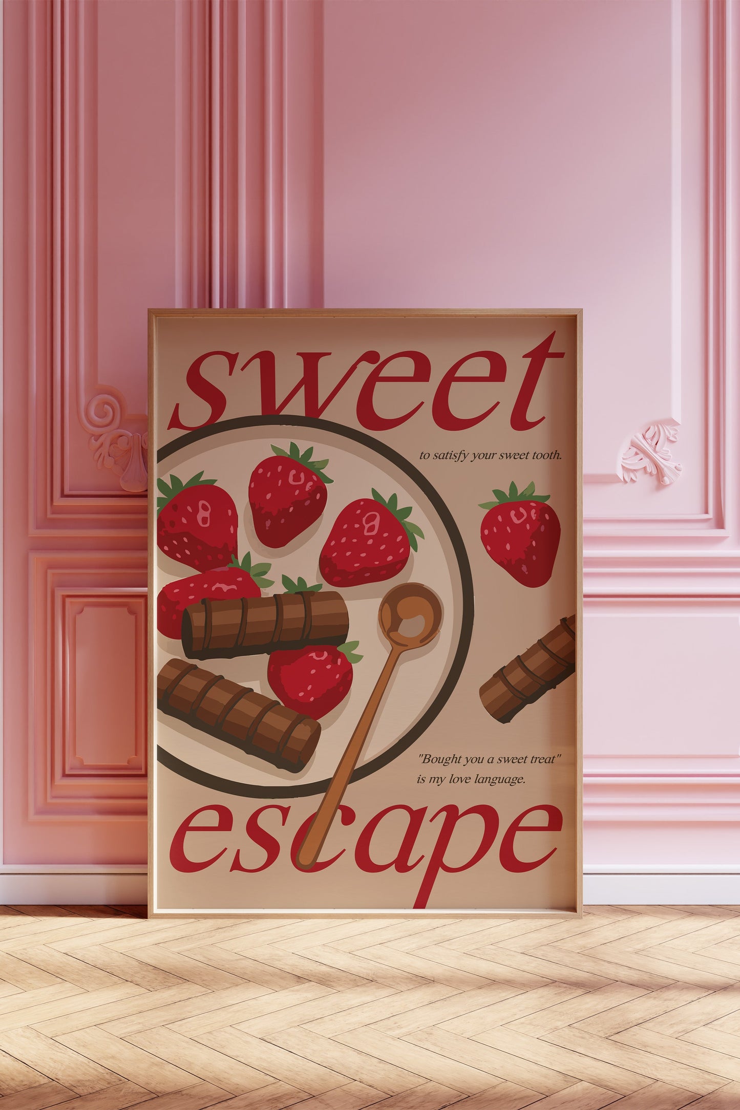 Digital wall art of strawberries and chocolate with text “Sweet Escape.”
