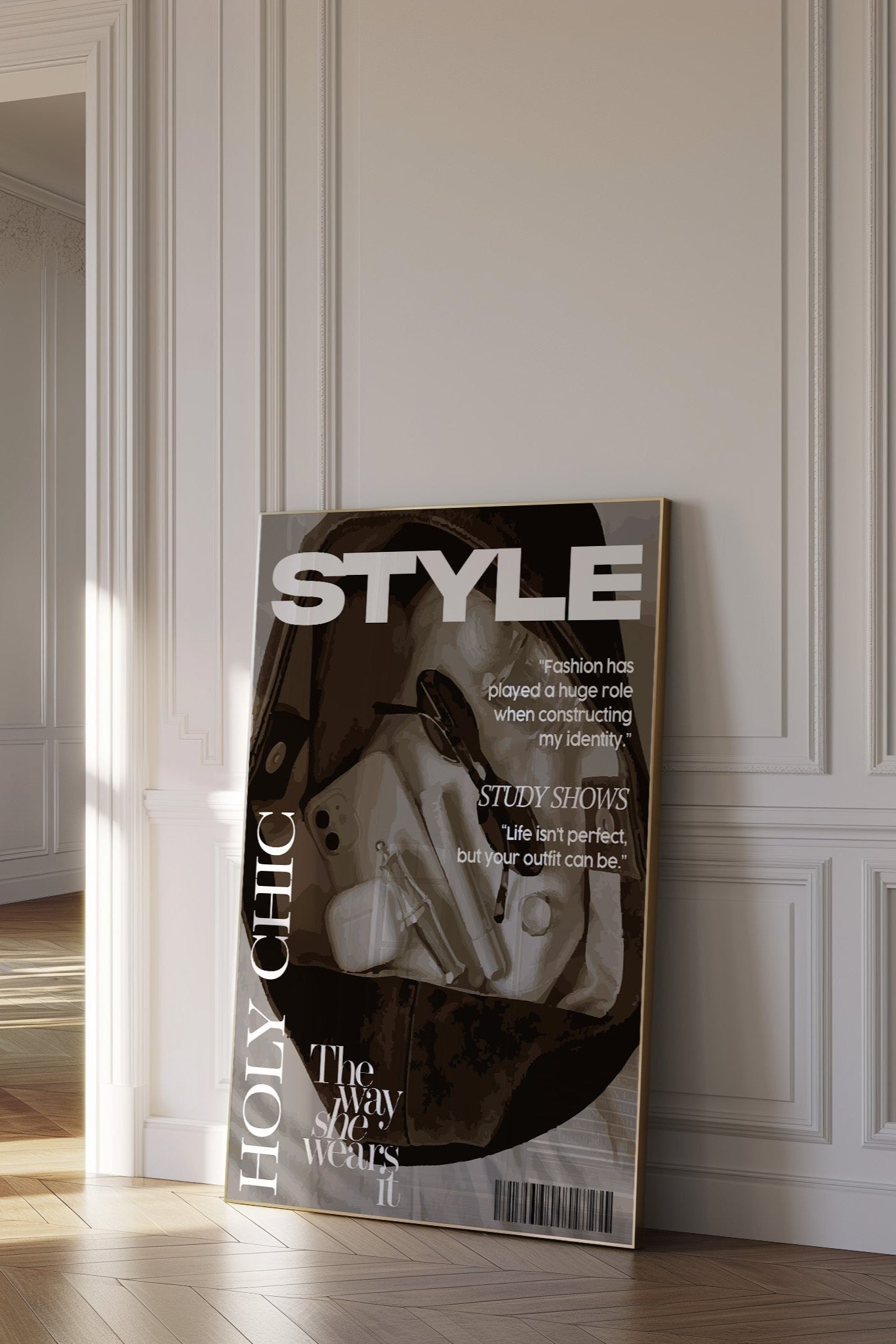 Minimalist fashion editorial print with neutral tones in chic interior.