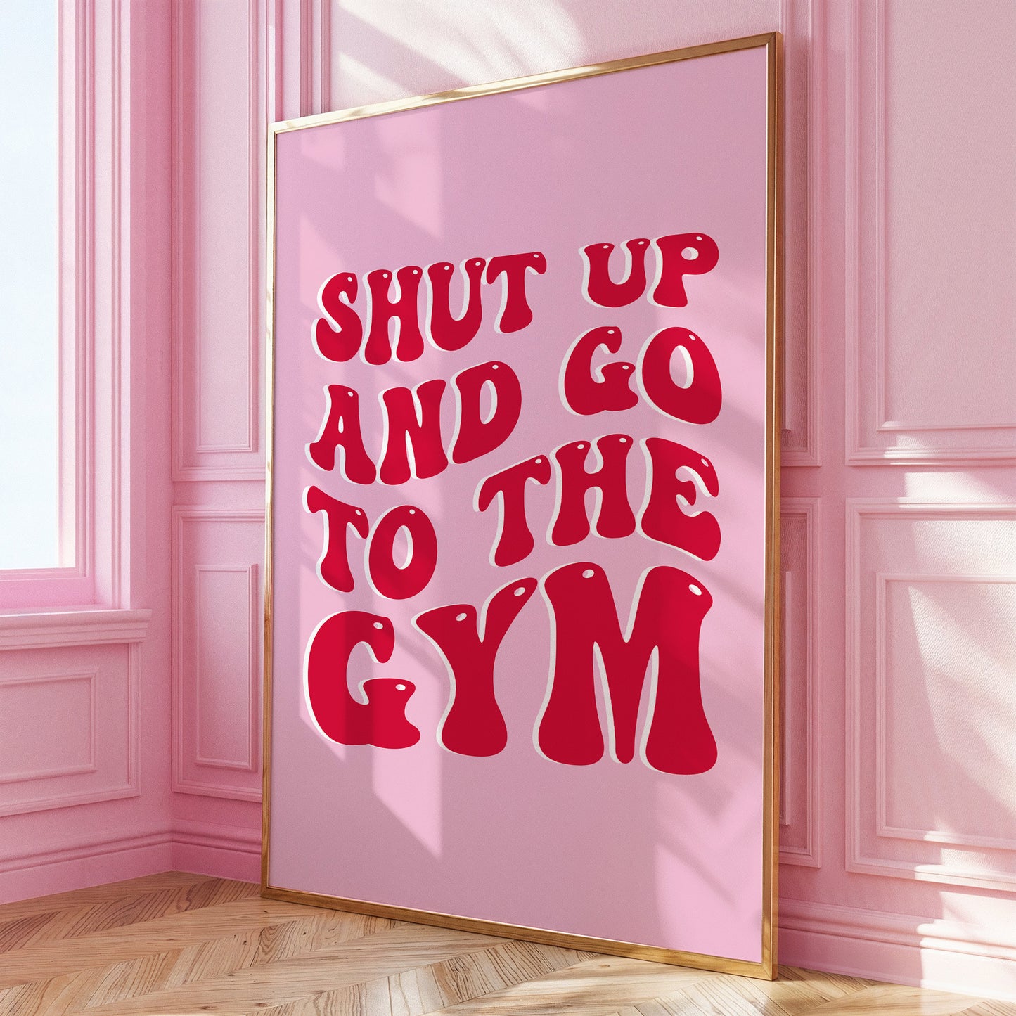 Workout room printable artwork with pink and red aesthetic.