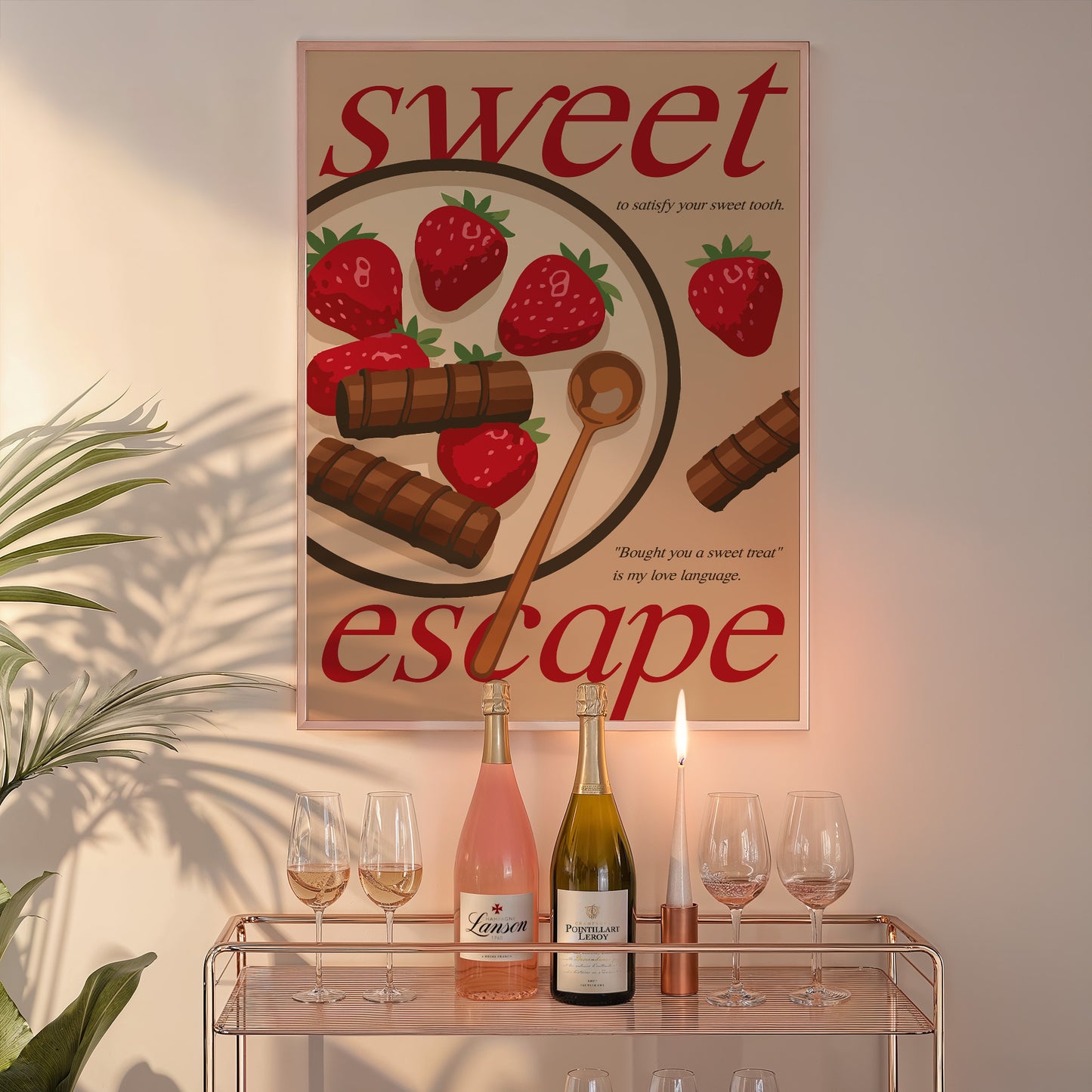Printable dessert-themed artwork featuring vibrant strawberries.