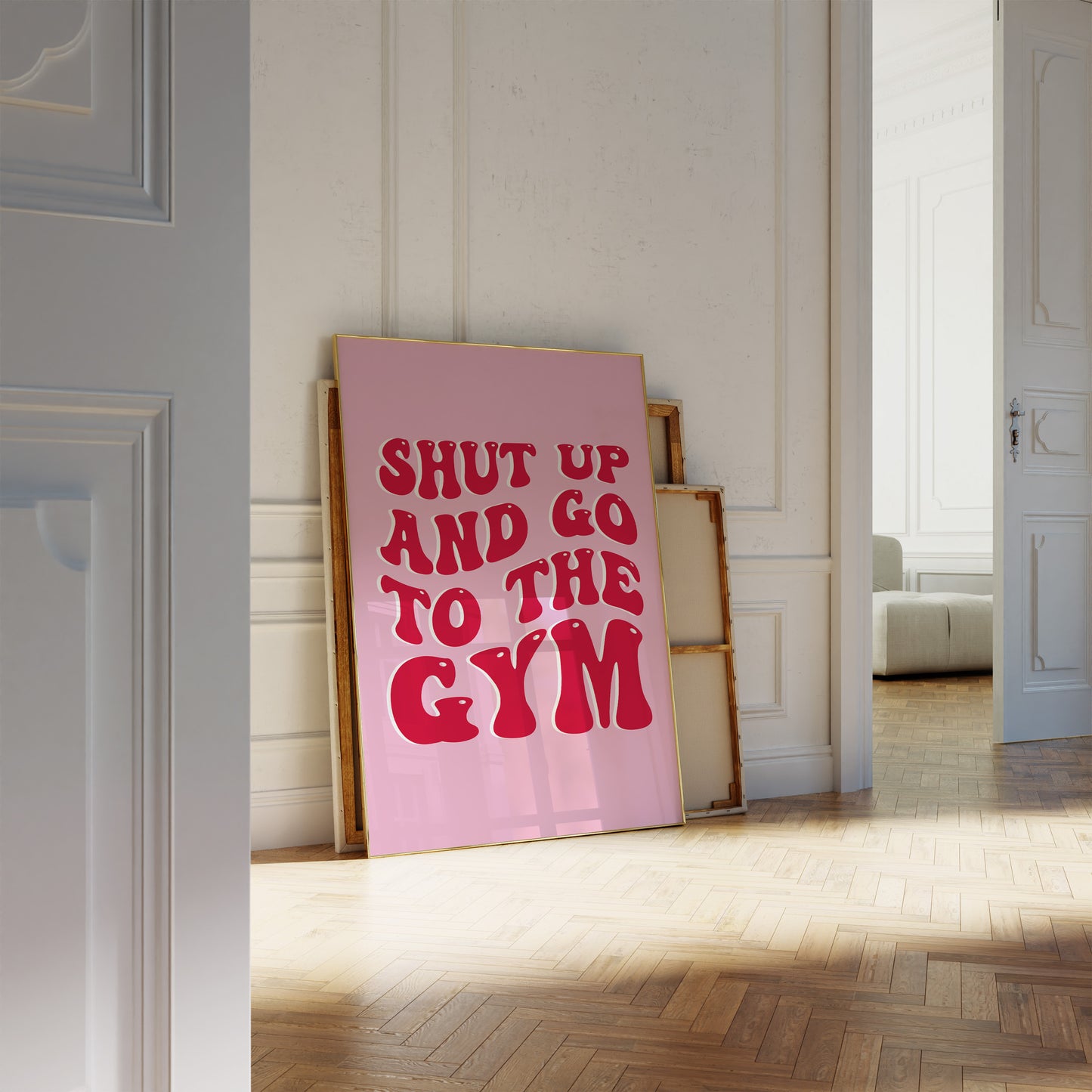 Trendy pink and red fitness print for a stylish gym aesthetic.