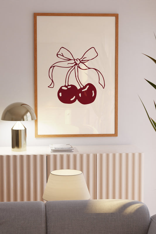 Minimalist burgundy cherry digital wall art with a hand-drawn bow, perfect for modern and aesthetic home decor.