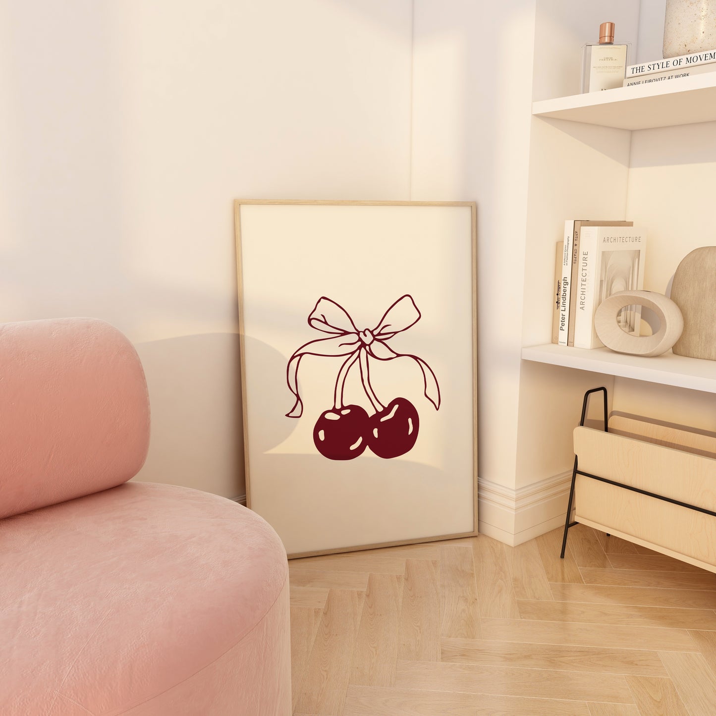 Burgundy and neutral-toned digital wall art featuring hand-drawn cherries tied with a ribbon.