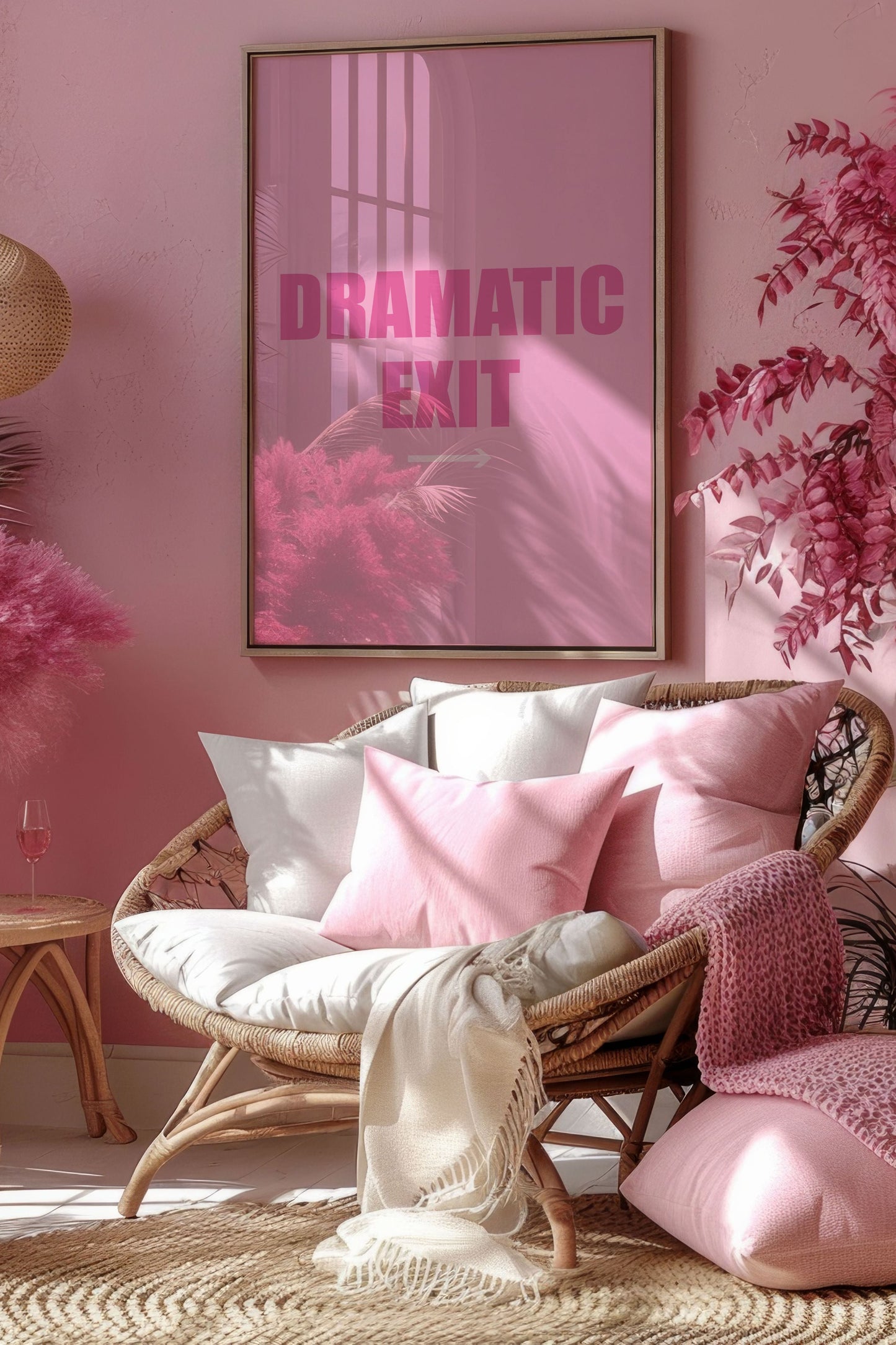 Pink Dramatic Exit Wall Art - Funny Typography Print for Home Decor