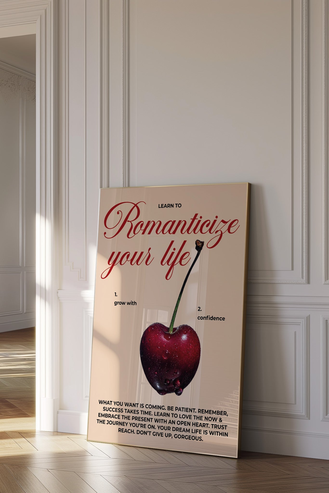 Digital wall art print with “Romanticize Your Life” quote and cherry design.