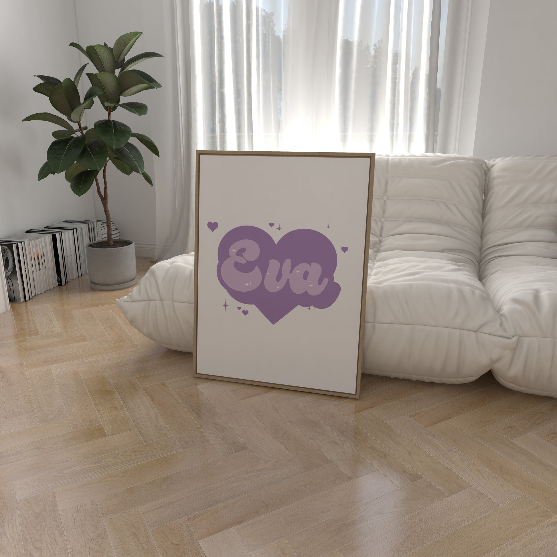 Adorable custom name sign with a purple heart and sparkles, great for baby nursery decor.