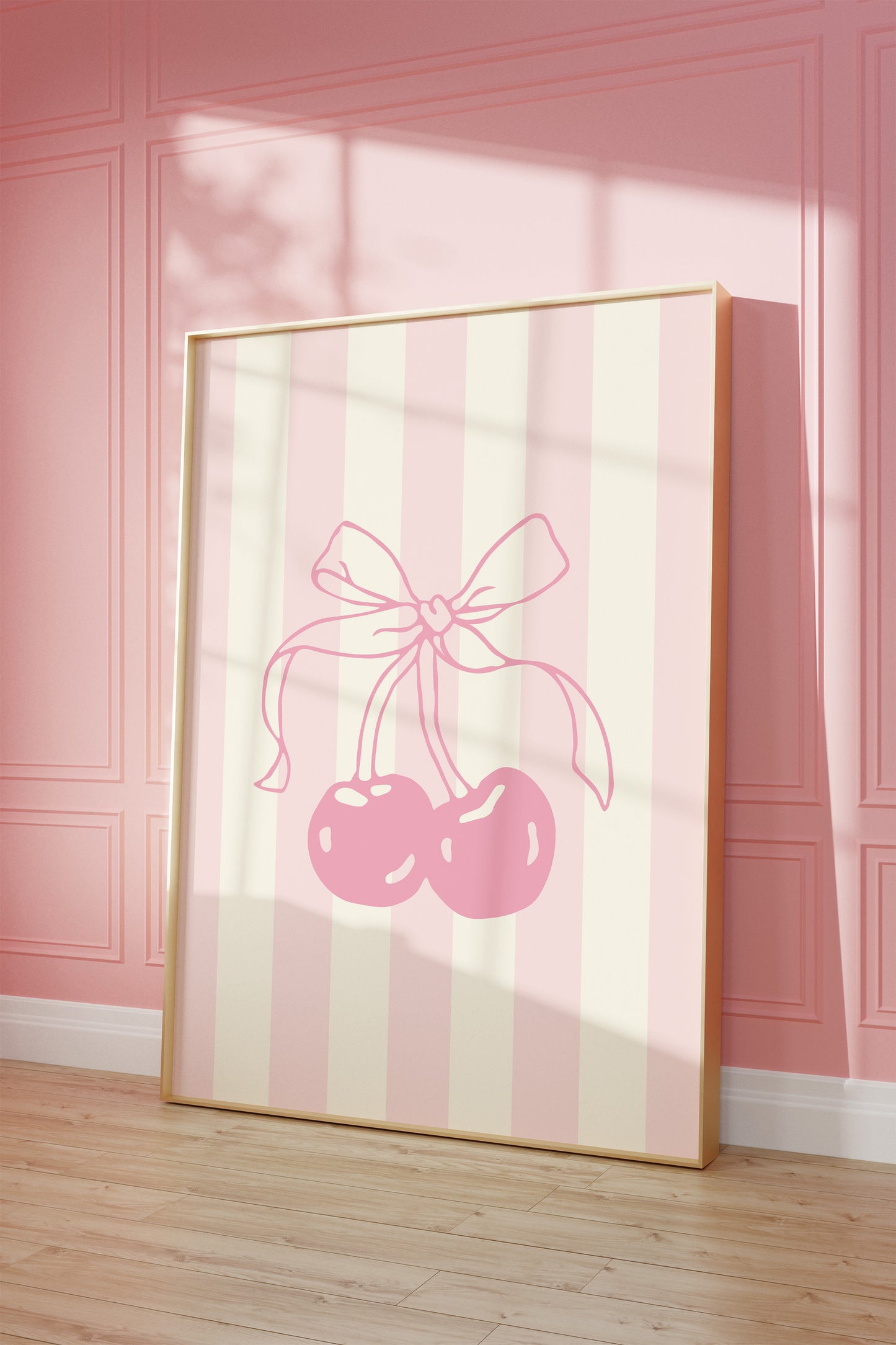 Kawaii cherry nursery poster with pink bow and striped background.