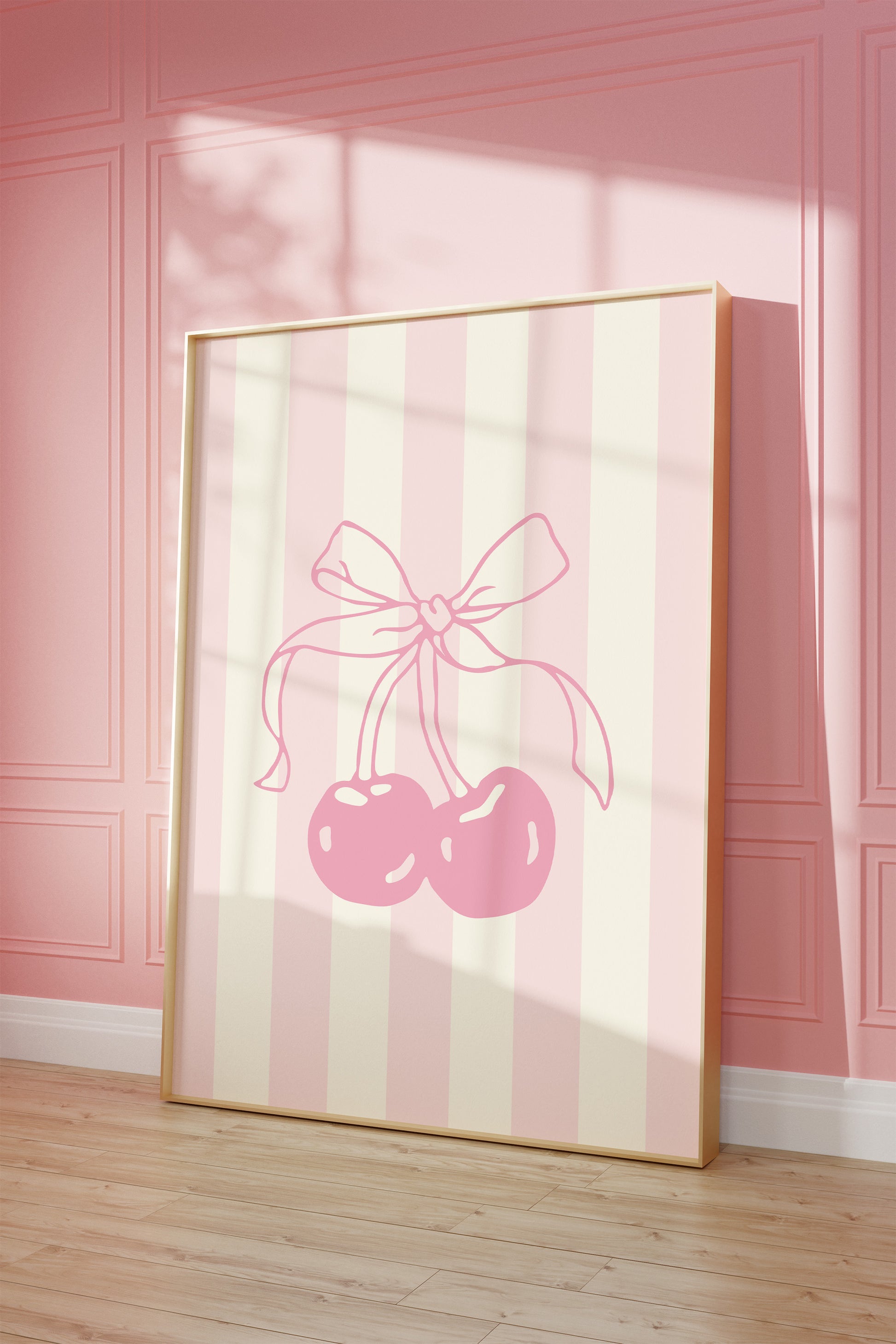 Kawaii cherry nursery poster with pink bow and striped background.