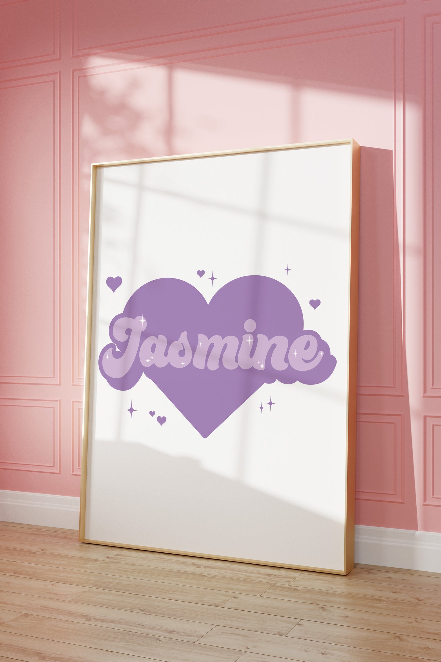 Adorable custom name sign with a purple heart and sparkles, great for baby nursery decor.