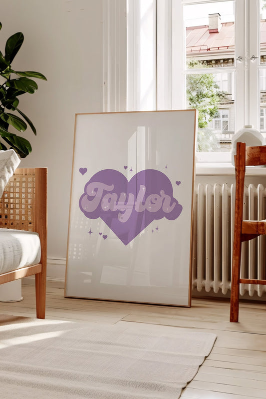 Personalised wall art with purple heart and name - ideal for nursery or birthday gifts.