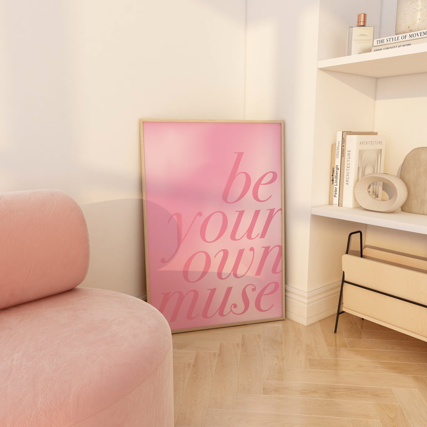 Elegant blush pink wall decor featuring an inspiring quote for home and office spaces.