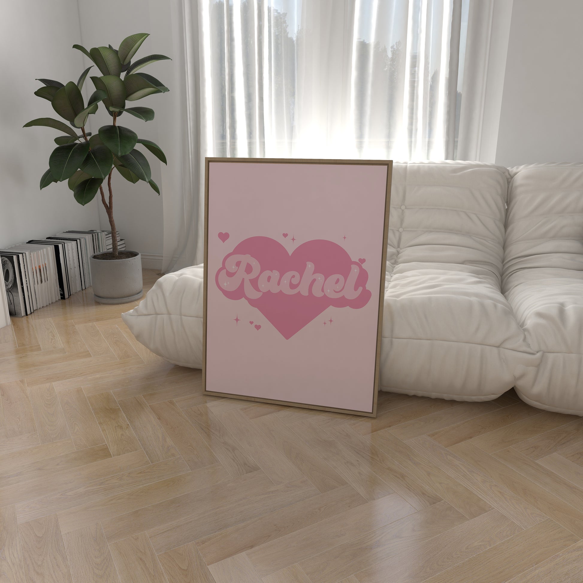 Adorable custom name sign with a pink heart and sparkles, great for baby nursery decor.