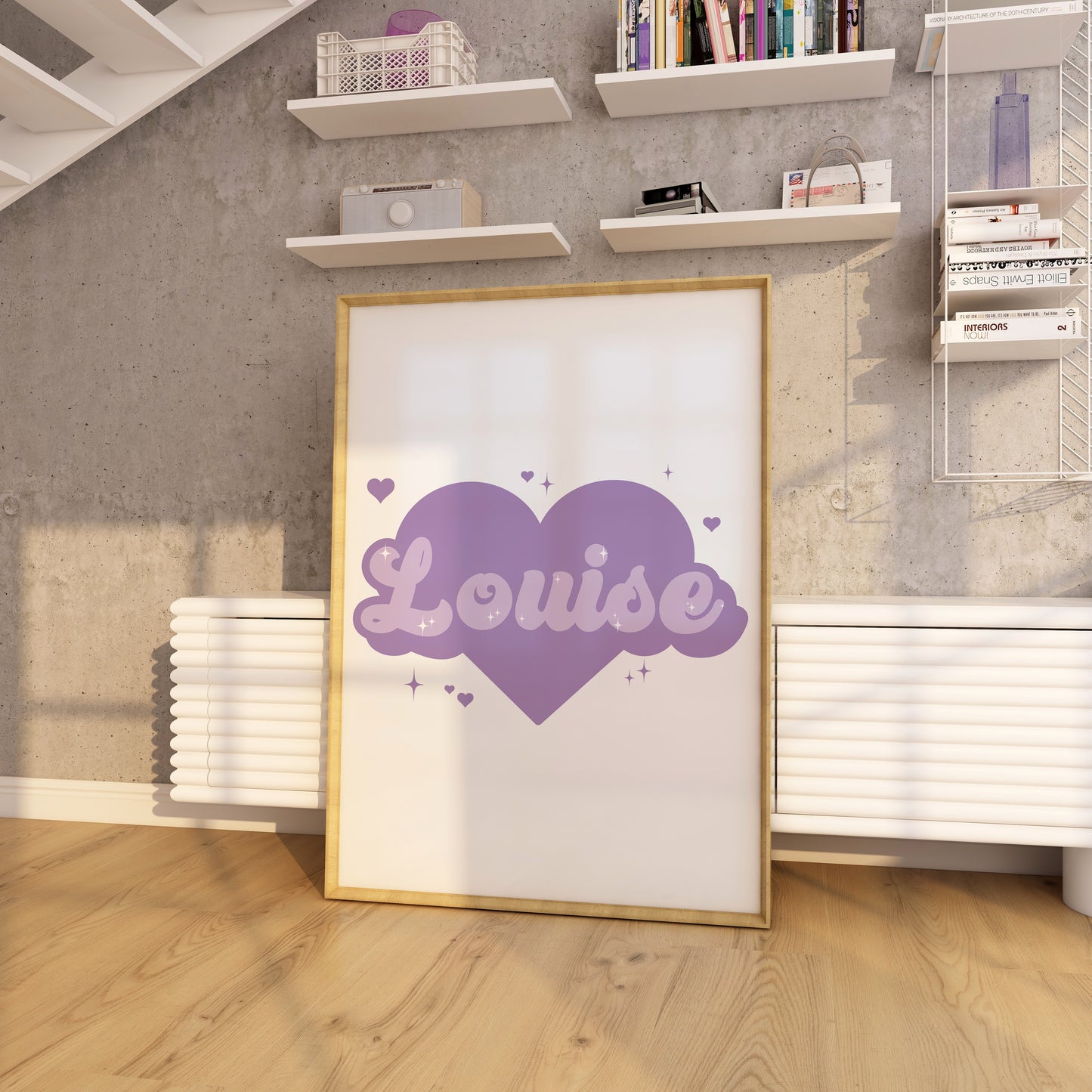 Girls' bedroom decor with a personalised name print in a stylish purple heart design.