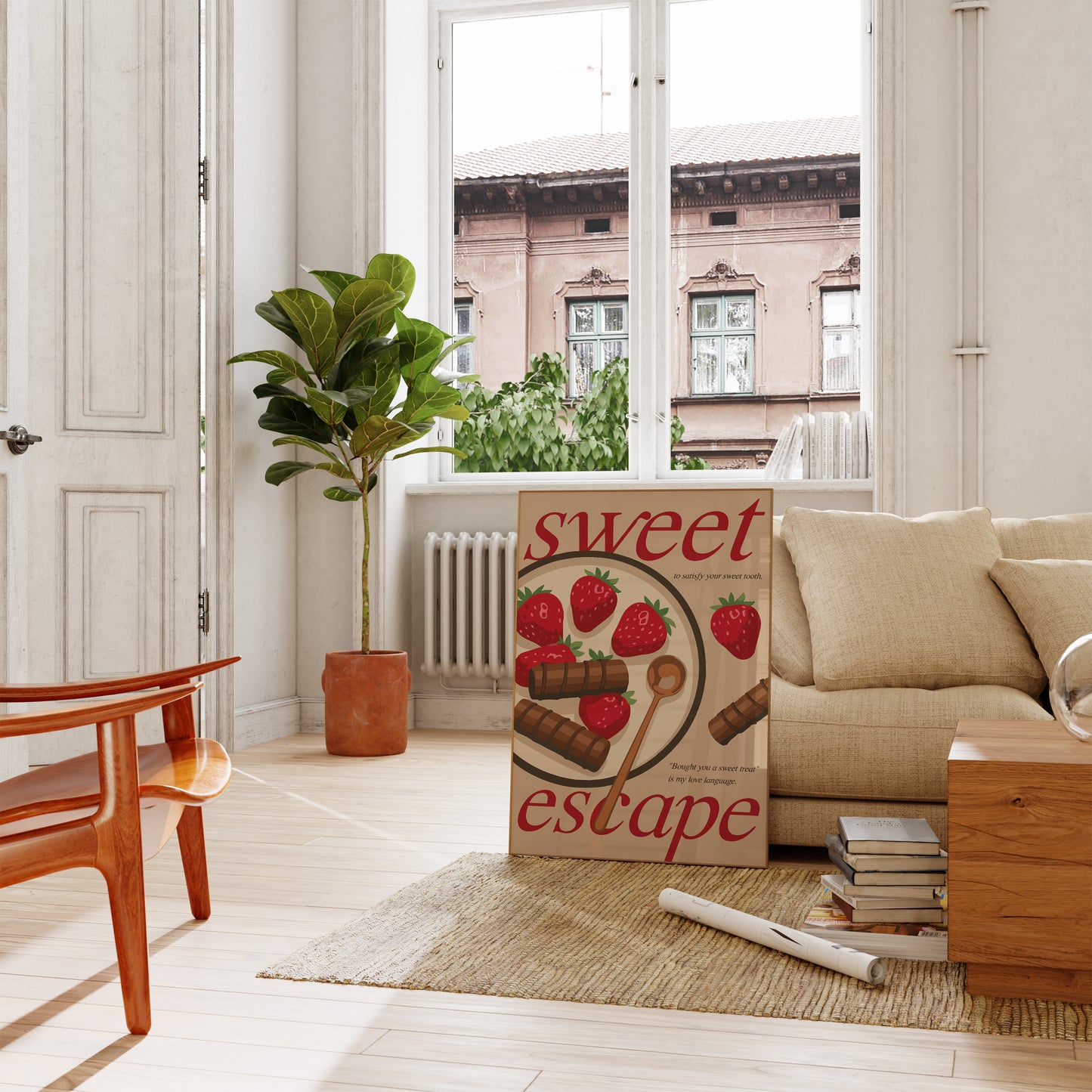 Modern kitchen wall art featuring strawberries, chocolate, and text.