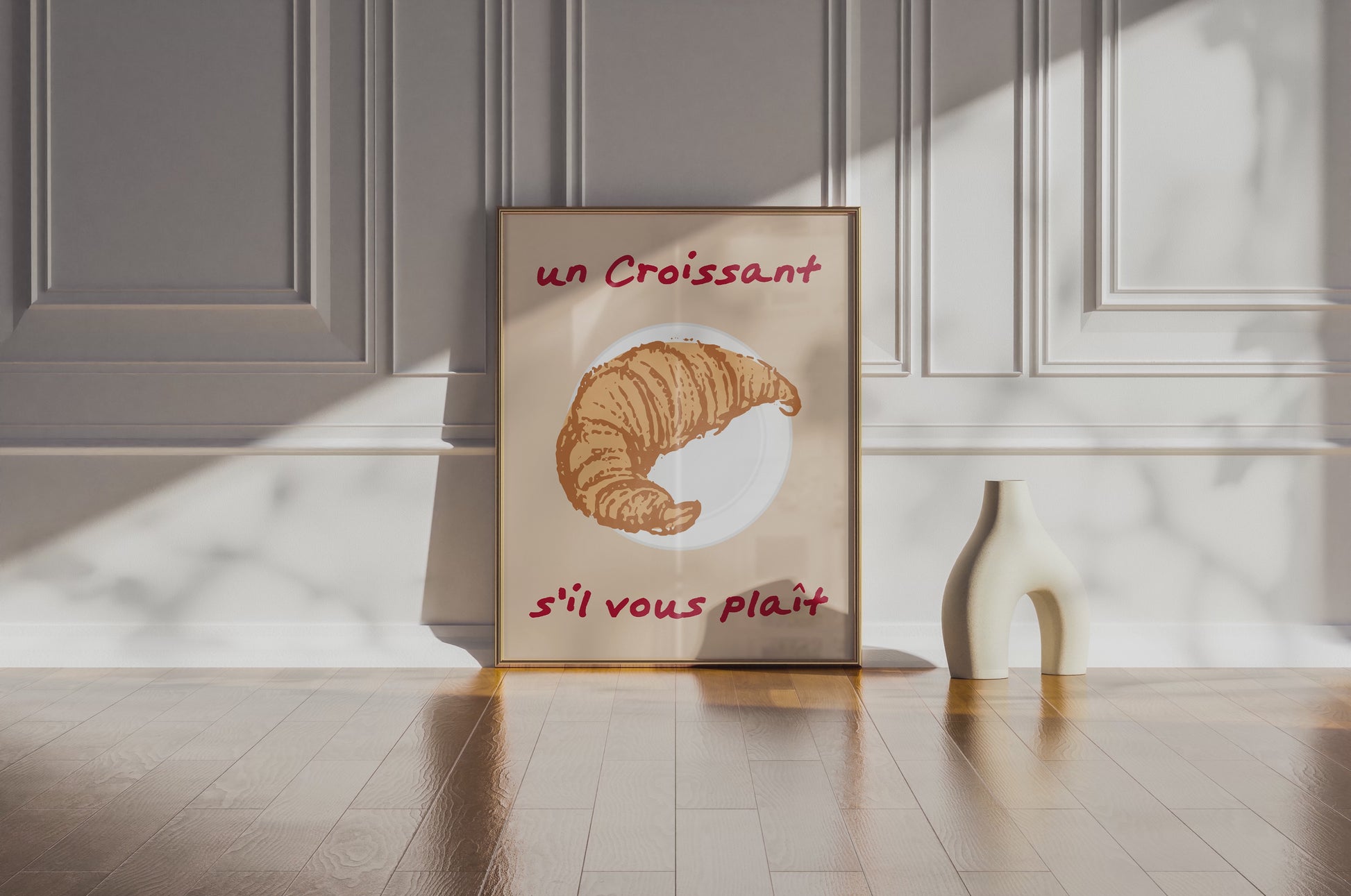 Cozy Parisian café style croissant artwork for kitchen or dining room.