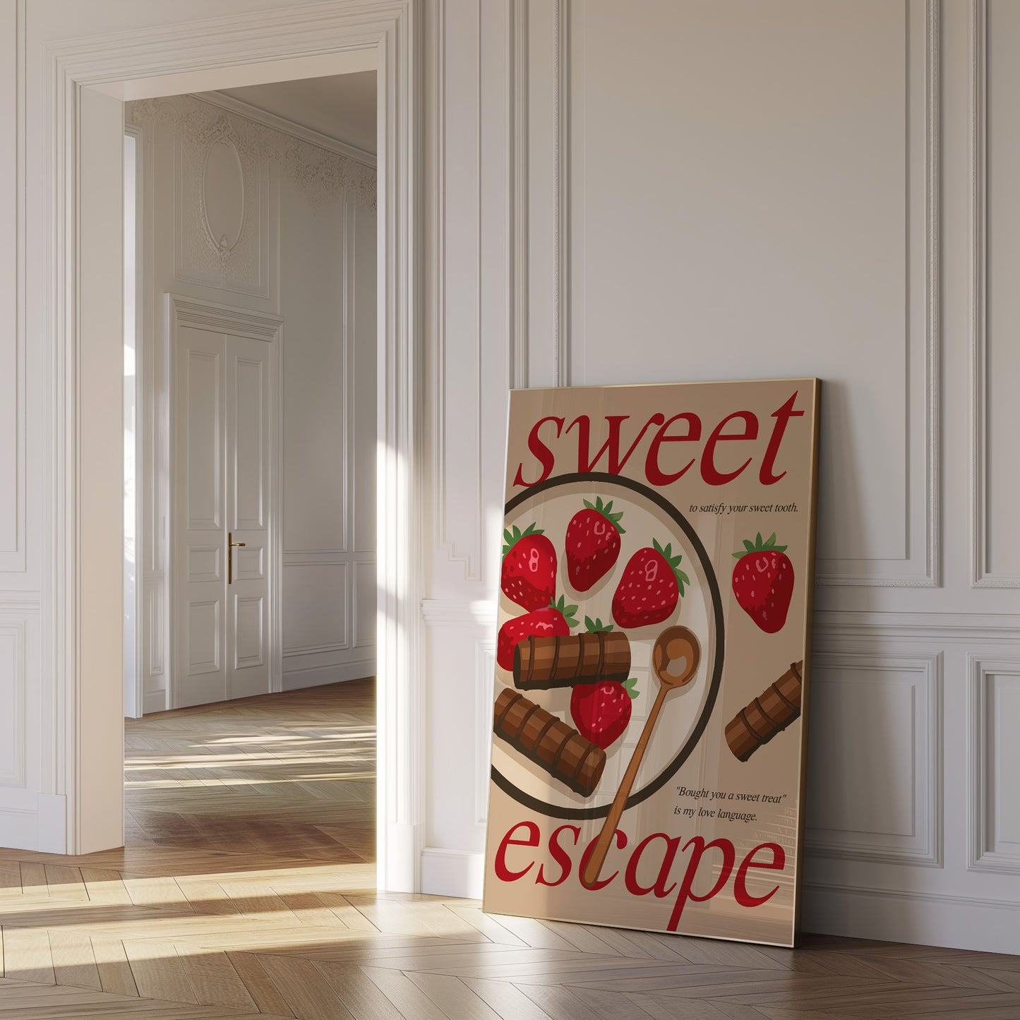 Pink digital poster with candy and fruit design for kitchen decor.