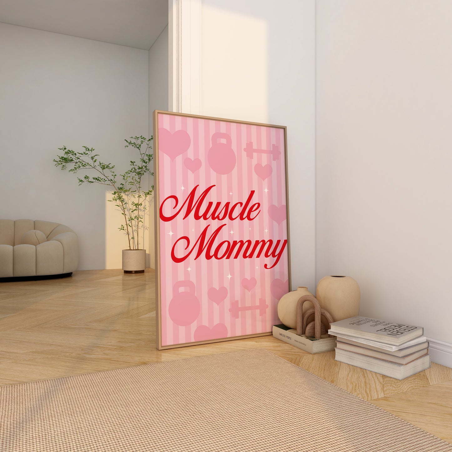 Cute Muscle Mommy Poster with Hearts & Gym Equipment