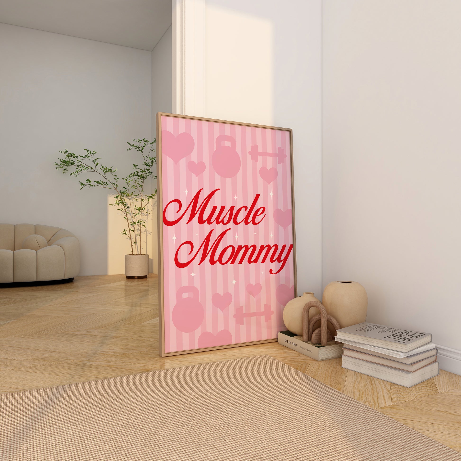 Cute Muscle Mommy Poster with Hearts & Gym Equipment