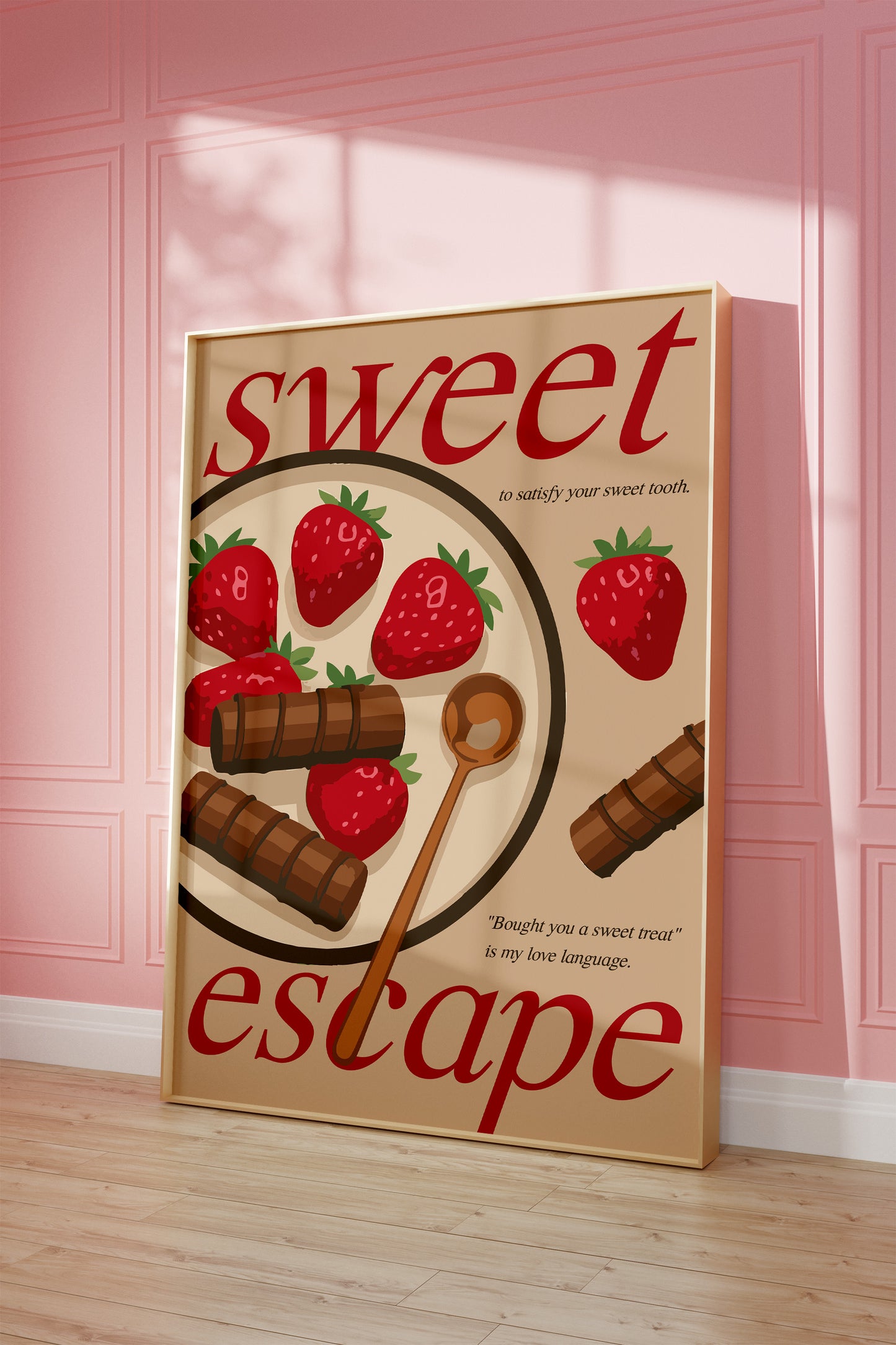 Strawberry and chocolate artwork styled for girly pink interiors.