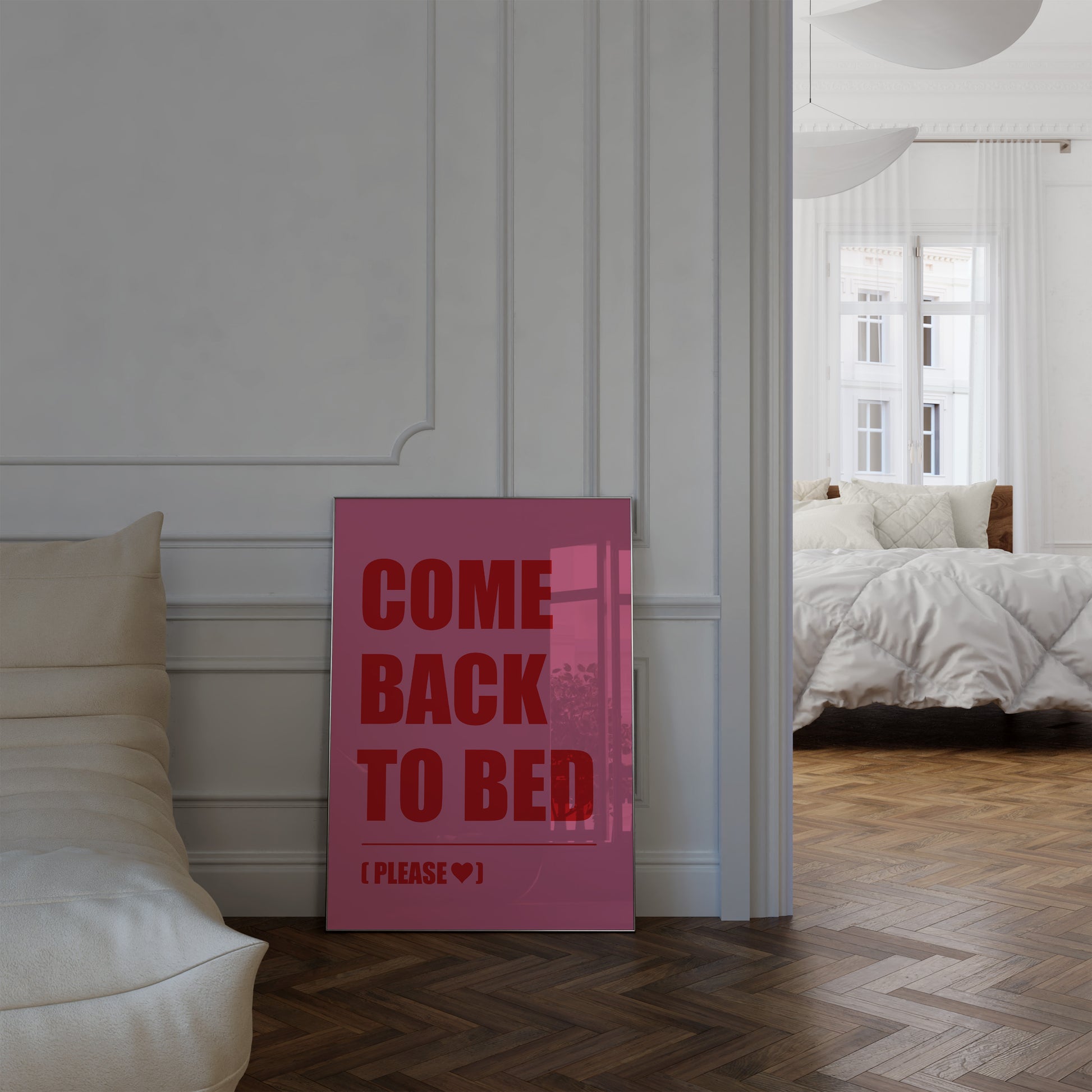 Trendy and fun bedroom wall poster featuring a cheeky love message.