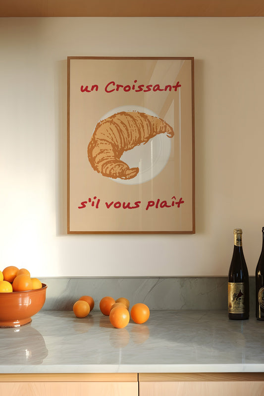 Illustrated French croissant with "Un Croissant s'il vous plaît" text, minimalist wall art.