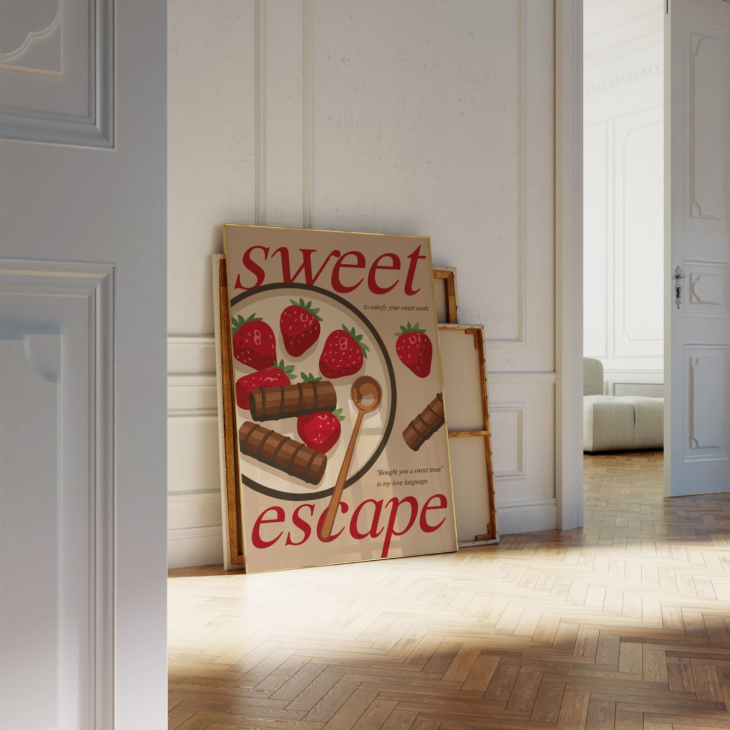 Printable dessert-themed artwork featuring vibrant strawberries.