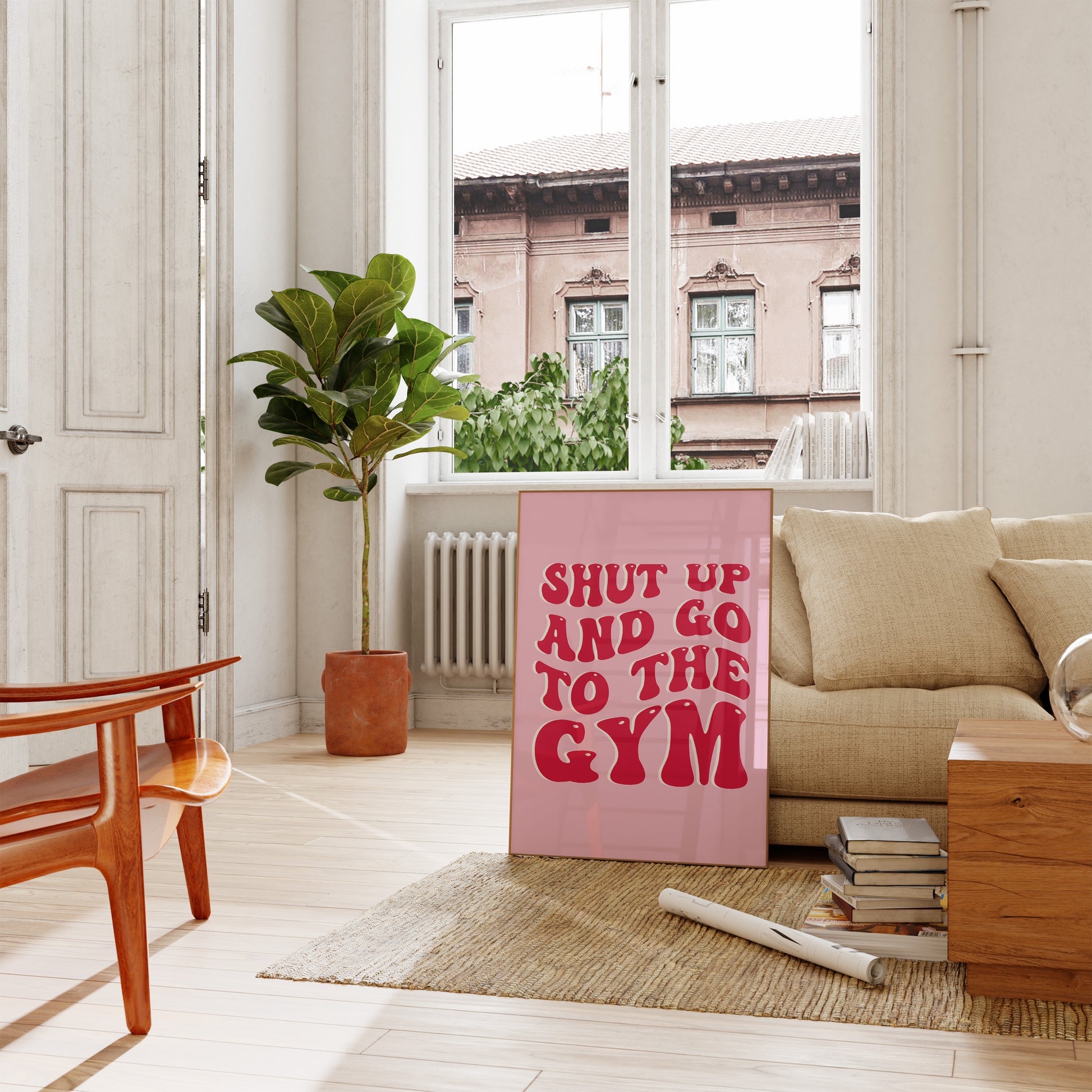 Digital printable workout motivation poster for home gym decor.