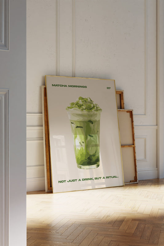 Minimalist iced matcha drink in aesthetic green tones.