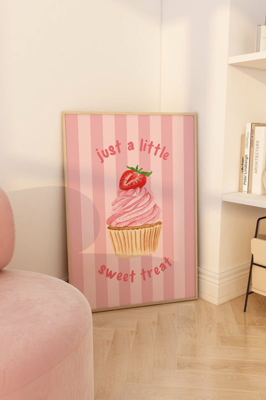 Strawberry cupcake wall art with pink striped background